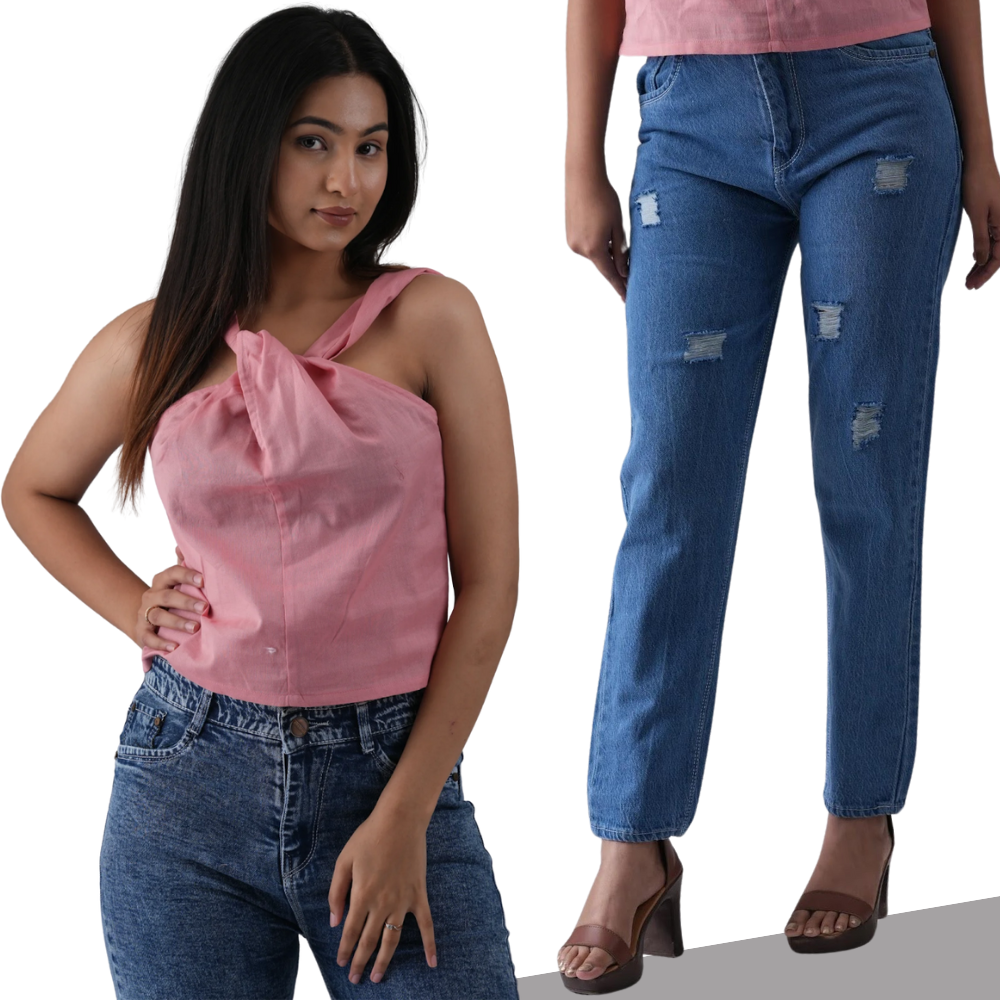 Flex Pink Halter Neck Top with Dark Blue Relax Fit Women’s Jeans