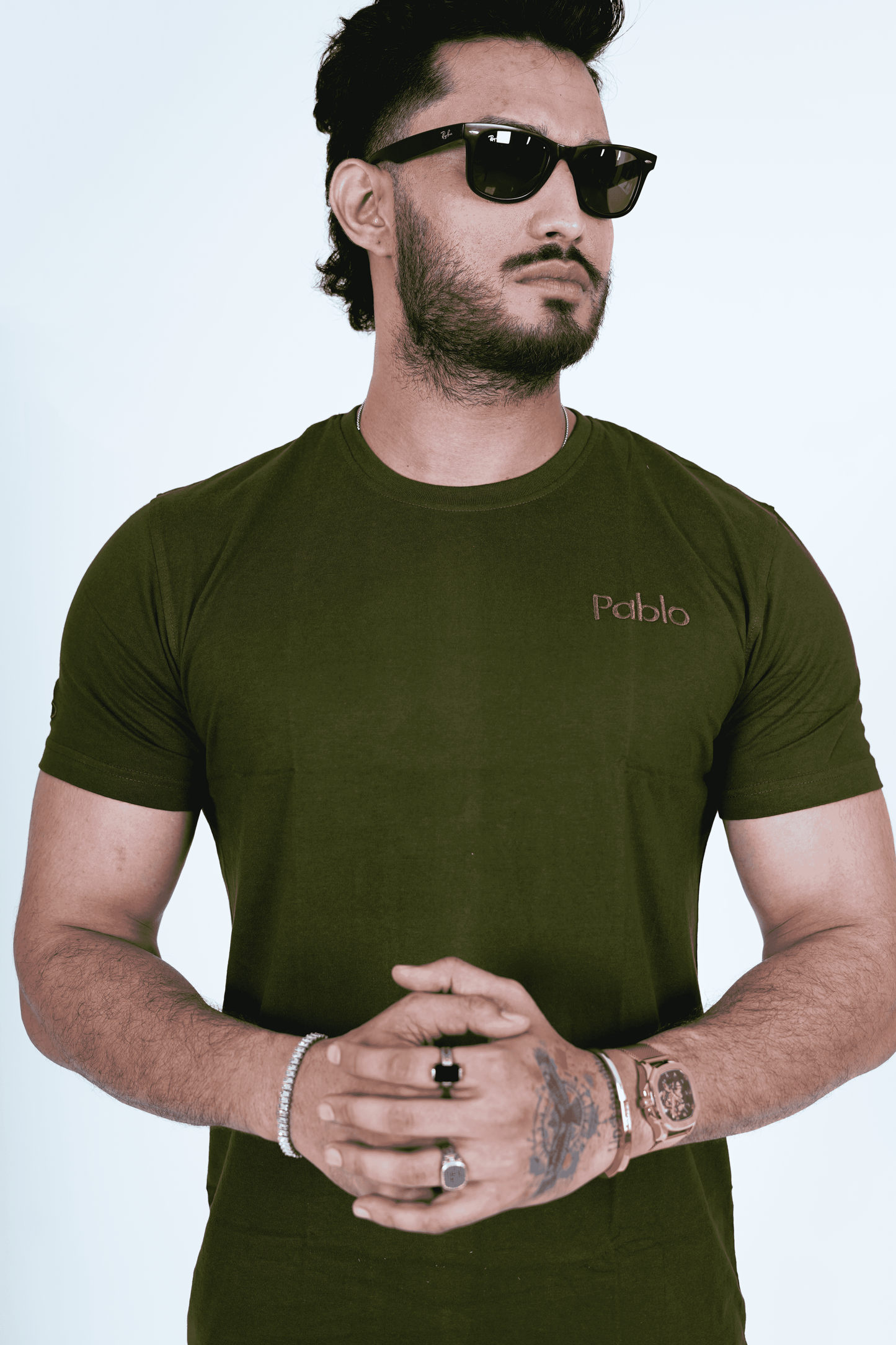 Miltary Green Round Neck T-Shirt with Pablo Embroidery