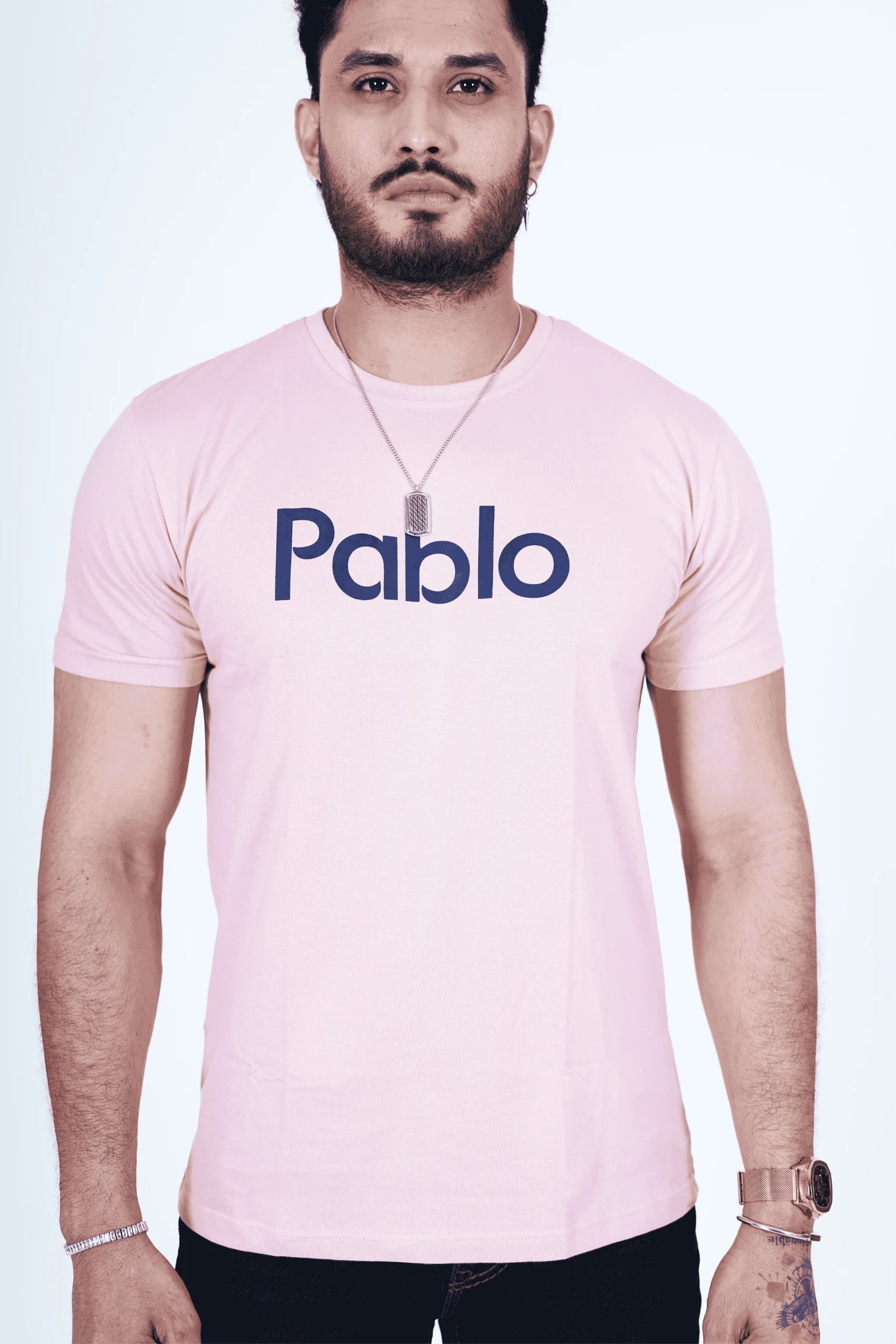 Baby Pink Round Neck T-Shirt with Navy Blue Print