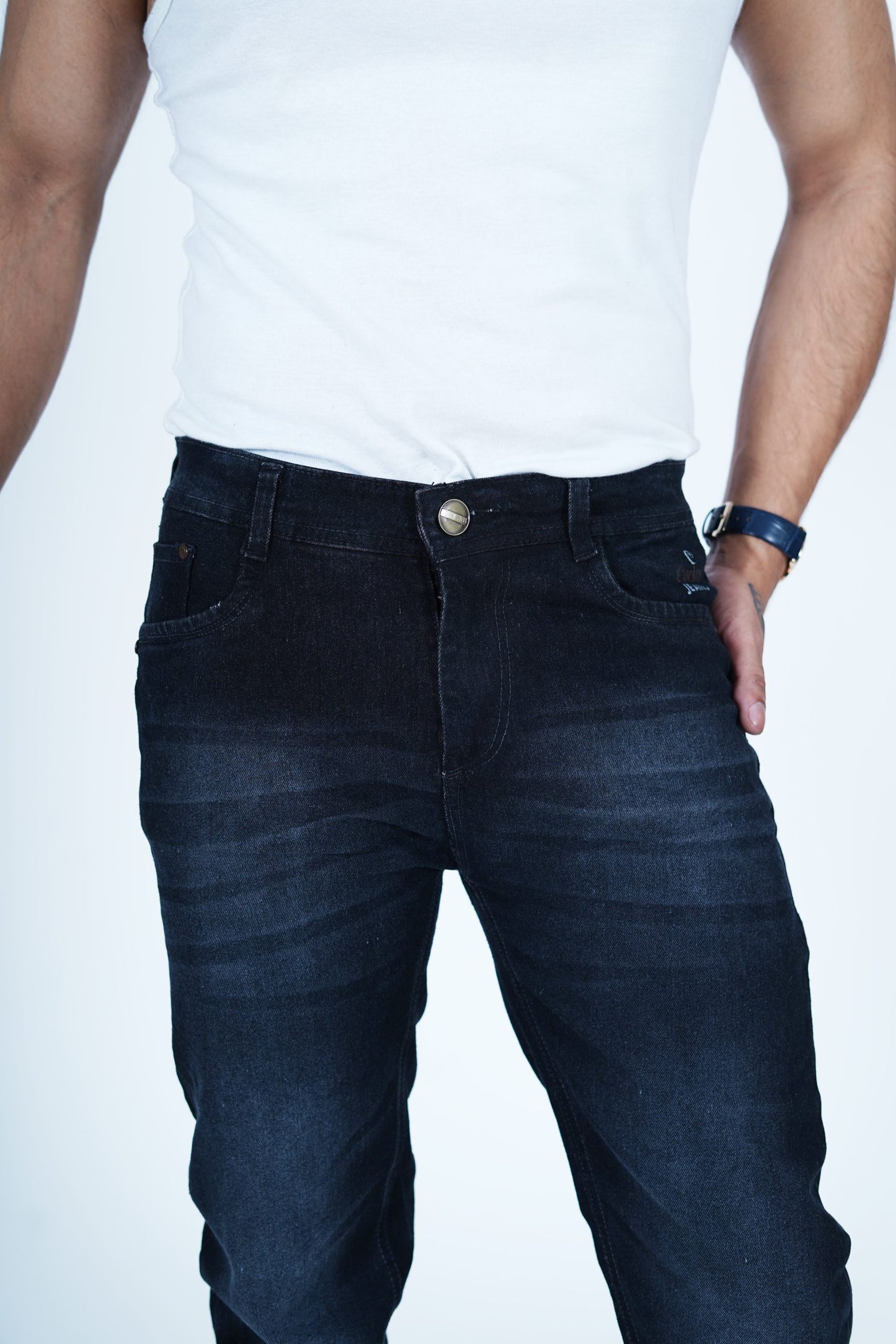 BLACK SHADED STRETCHABLE DISTRESSED SLIM FIT JEANS