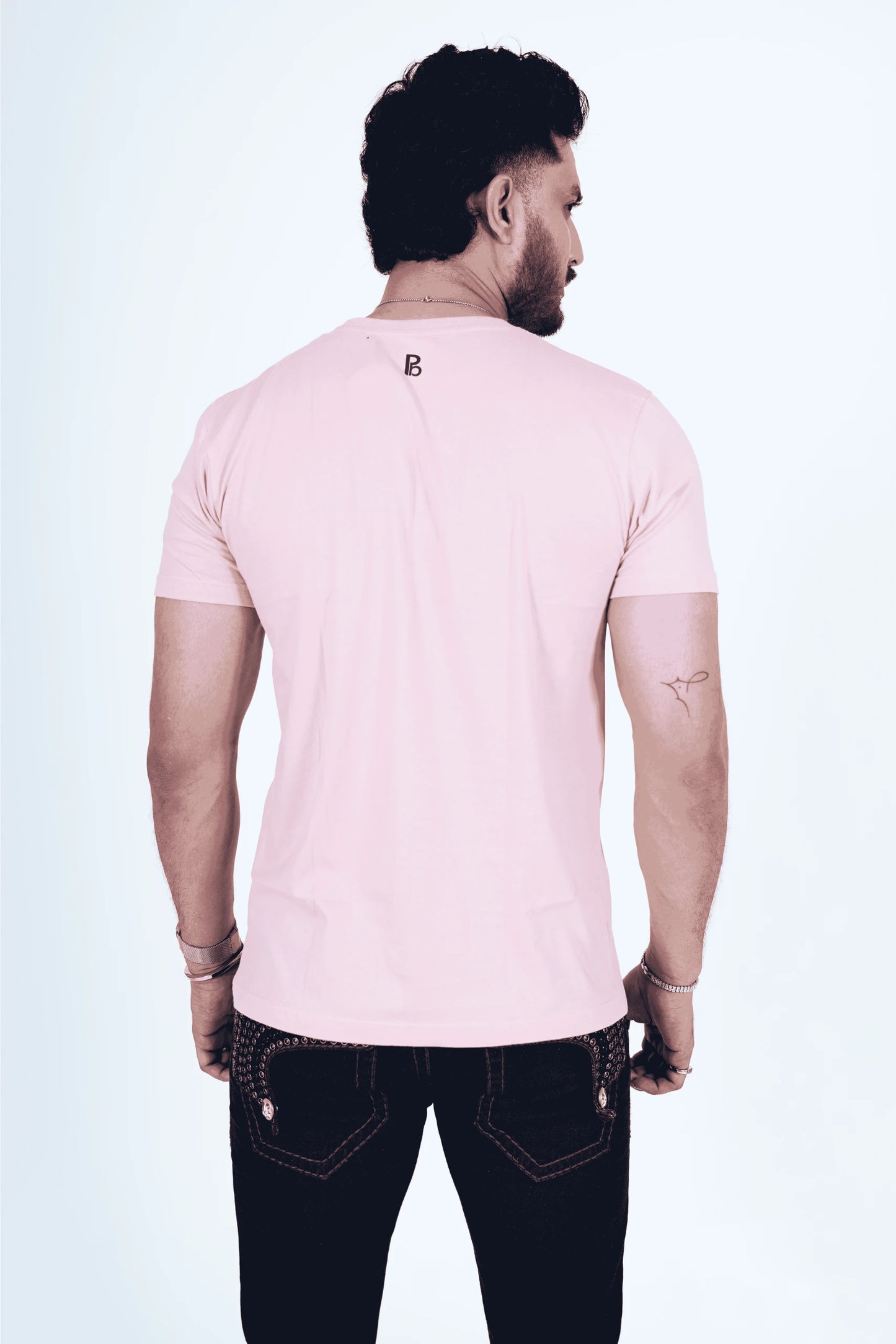 Baby Pink Round Neck T-Shirt with Navy Blue Print