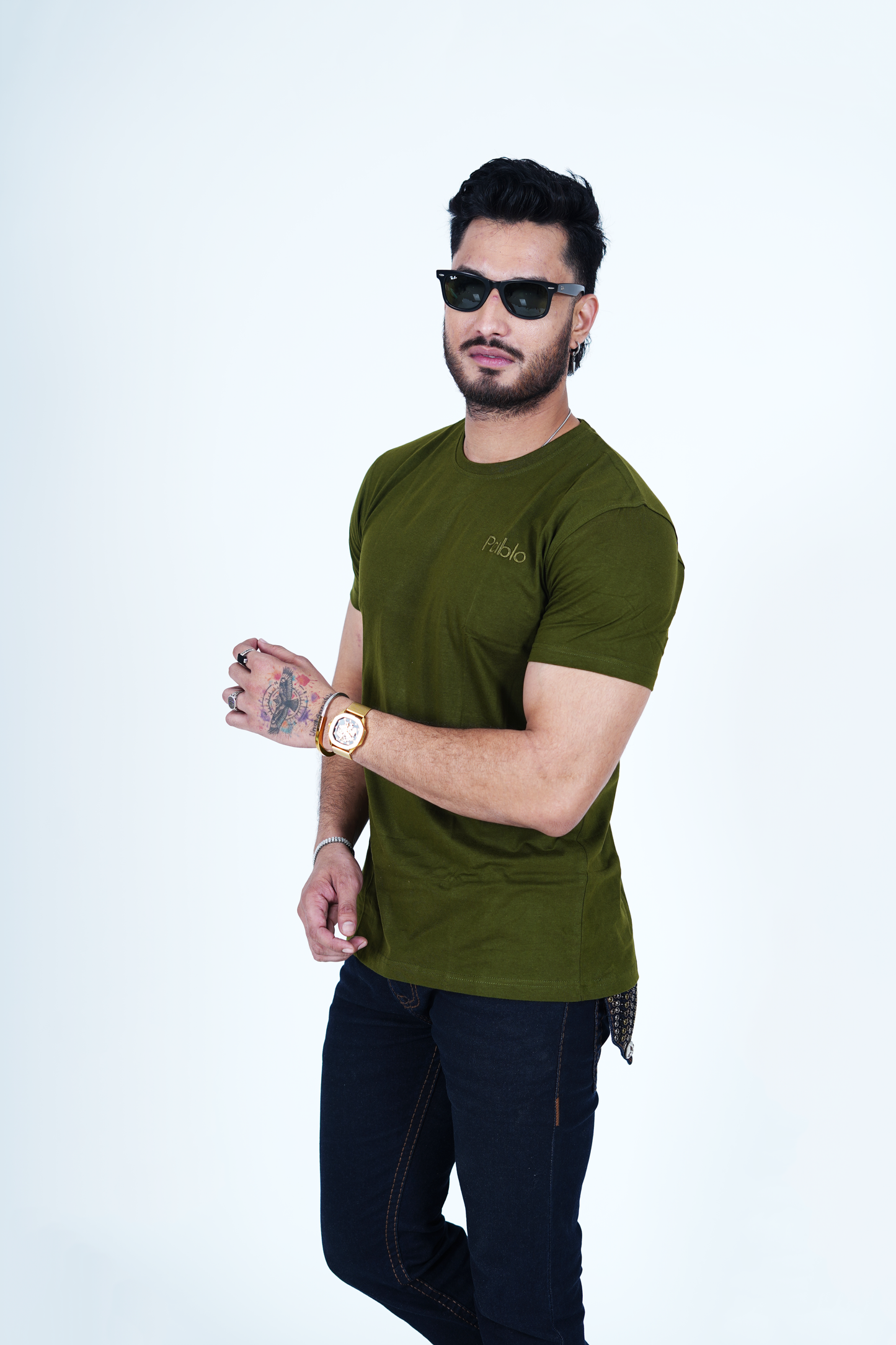 Miltary Green Round Neck T-Shirt with Pablo Embroidery