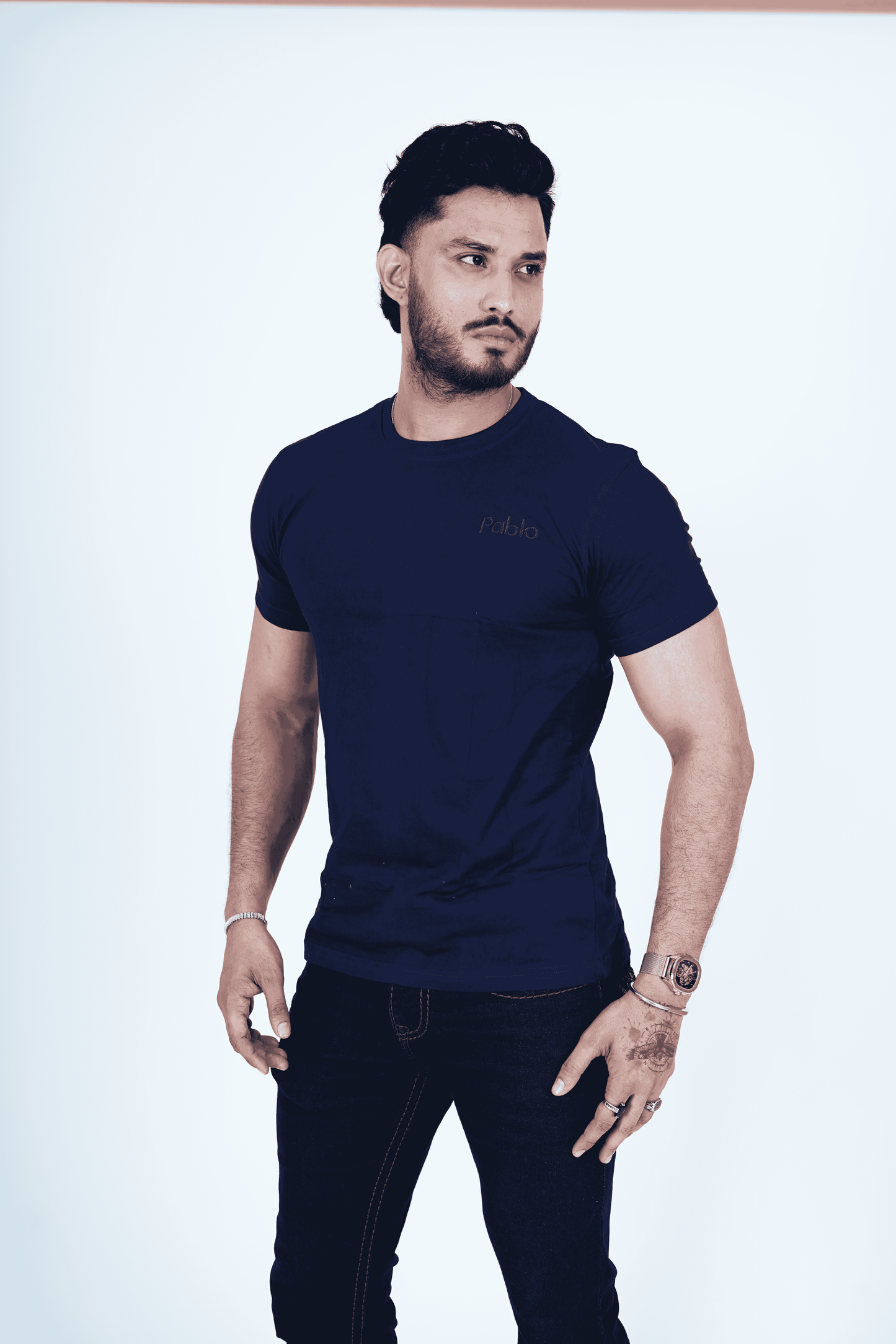 Navy Blue Round Neck T-Shirt with Pablo Embroidery
