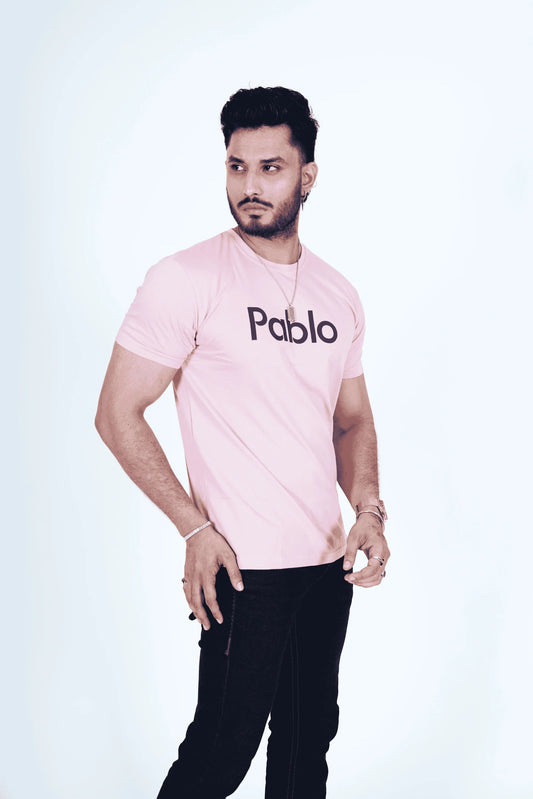 Baby Pink Round Neck T-Shirt with Navy Blue Print