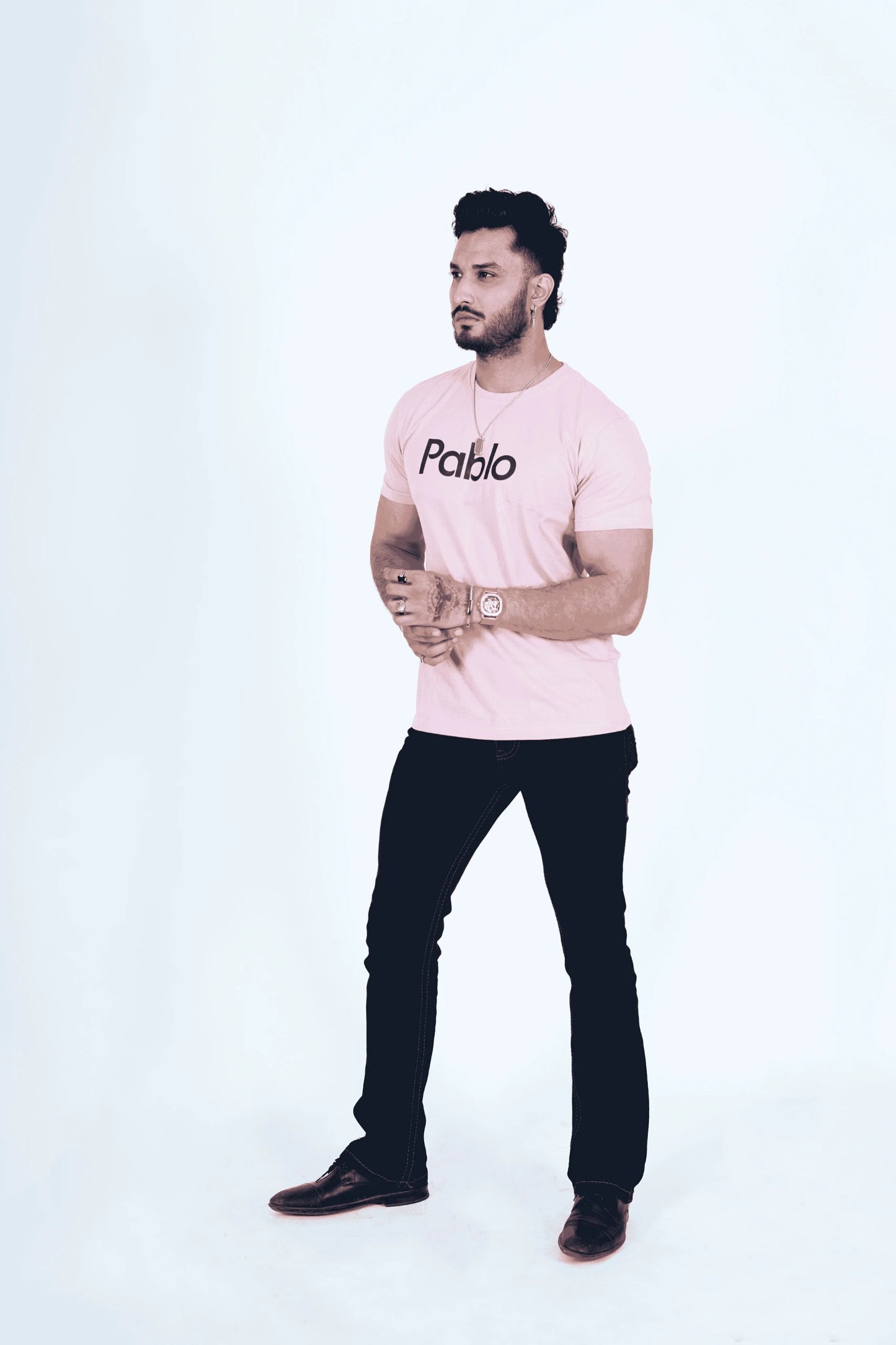Baby Pink Round Neck T-Shirt with Navy Blue Print