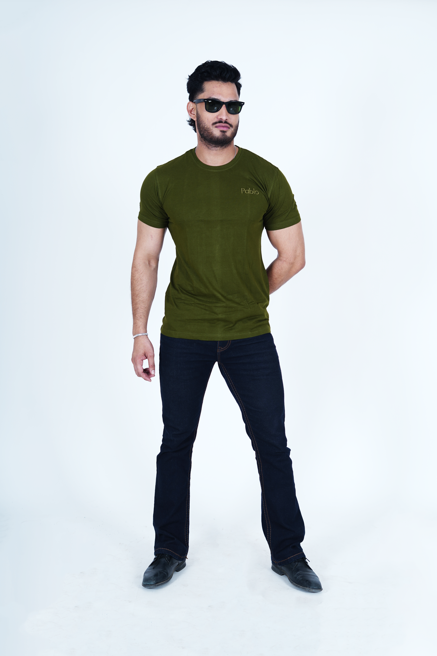 Miltary Green Round Neck T-Shirt with Pablo Embroidery