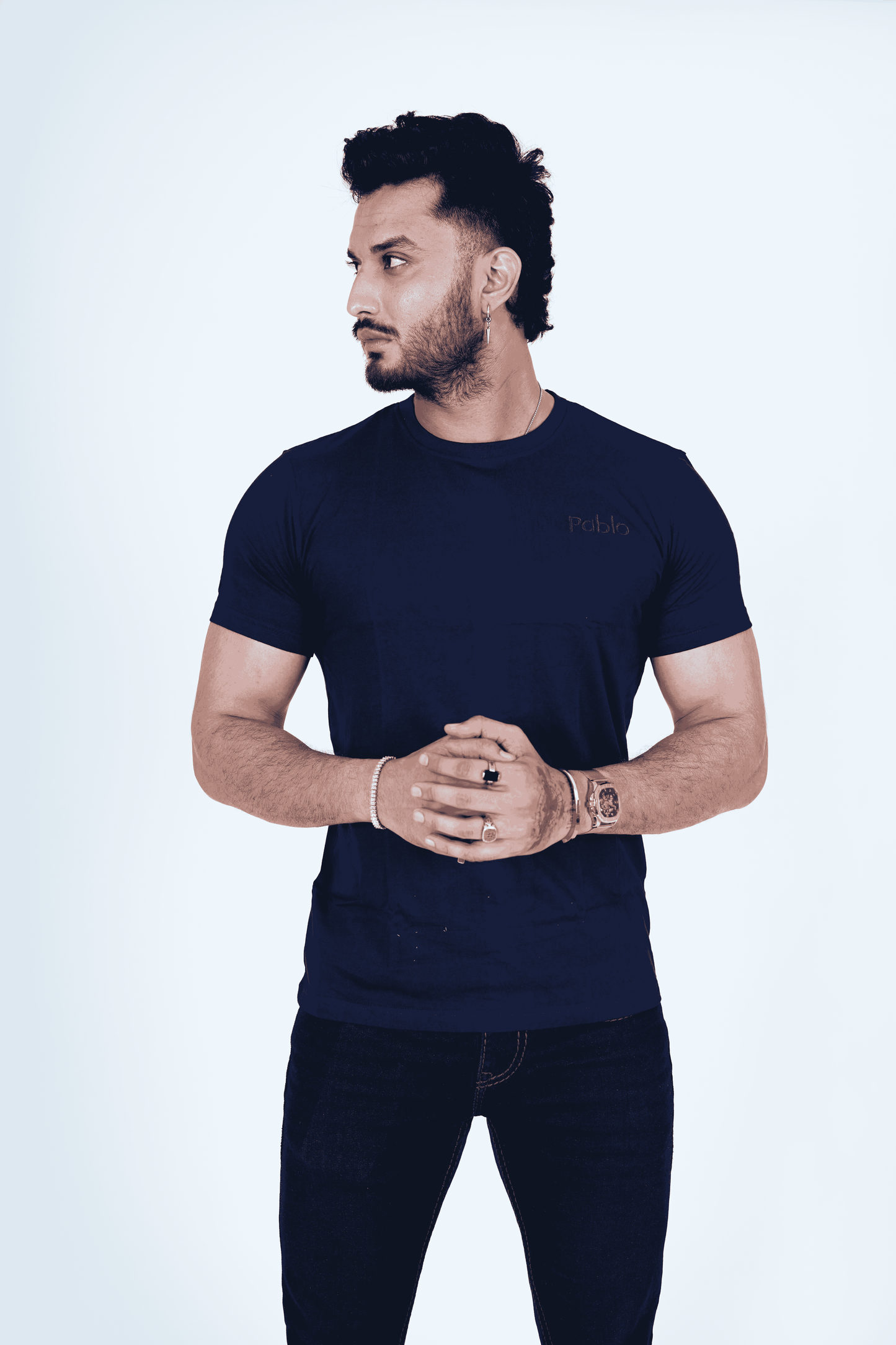Navy Blue Round Neck T-Shirt with Pablo Embroidery