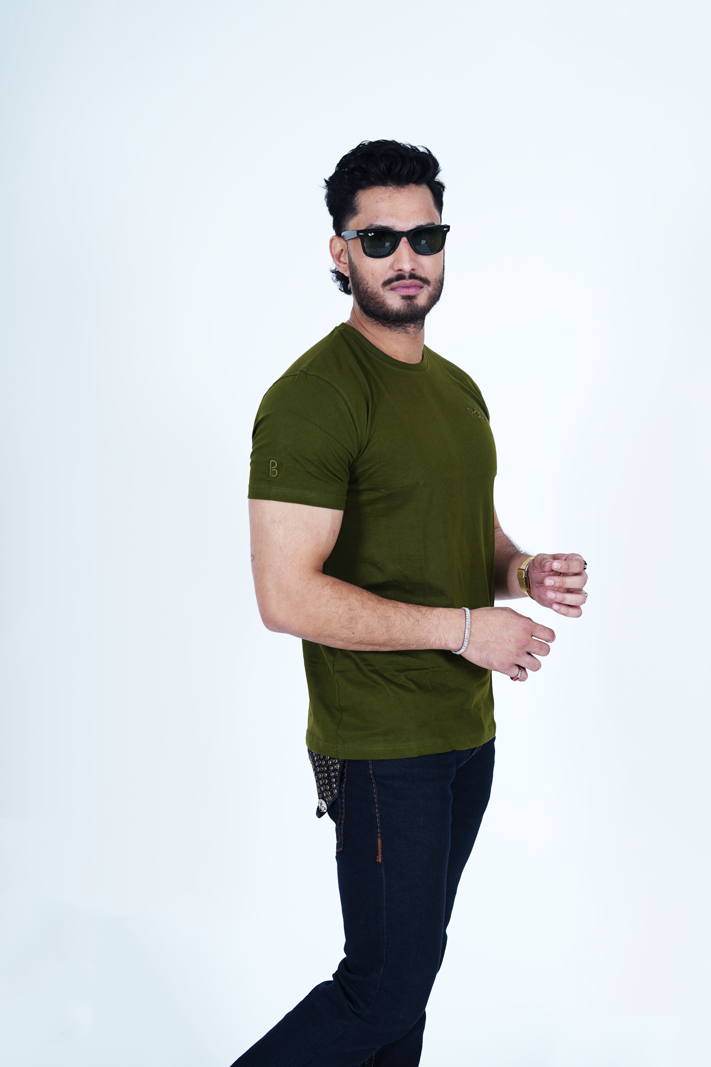 Miltary Green Round Neck T-Shirt with Pablo Embroidery