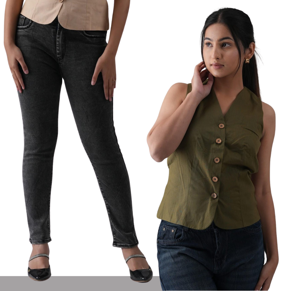 Mint Green Sleeveless Waistcoat with Skinny Black Women’s Jeans
