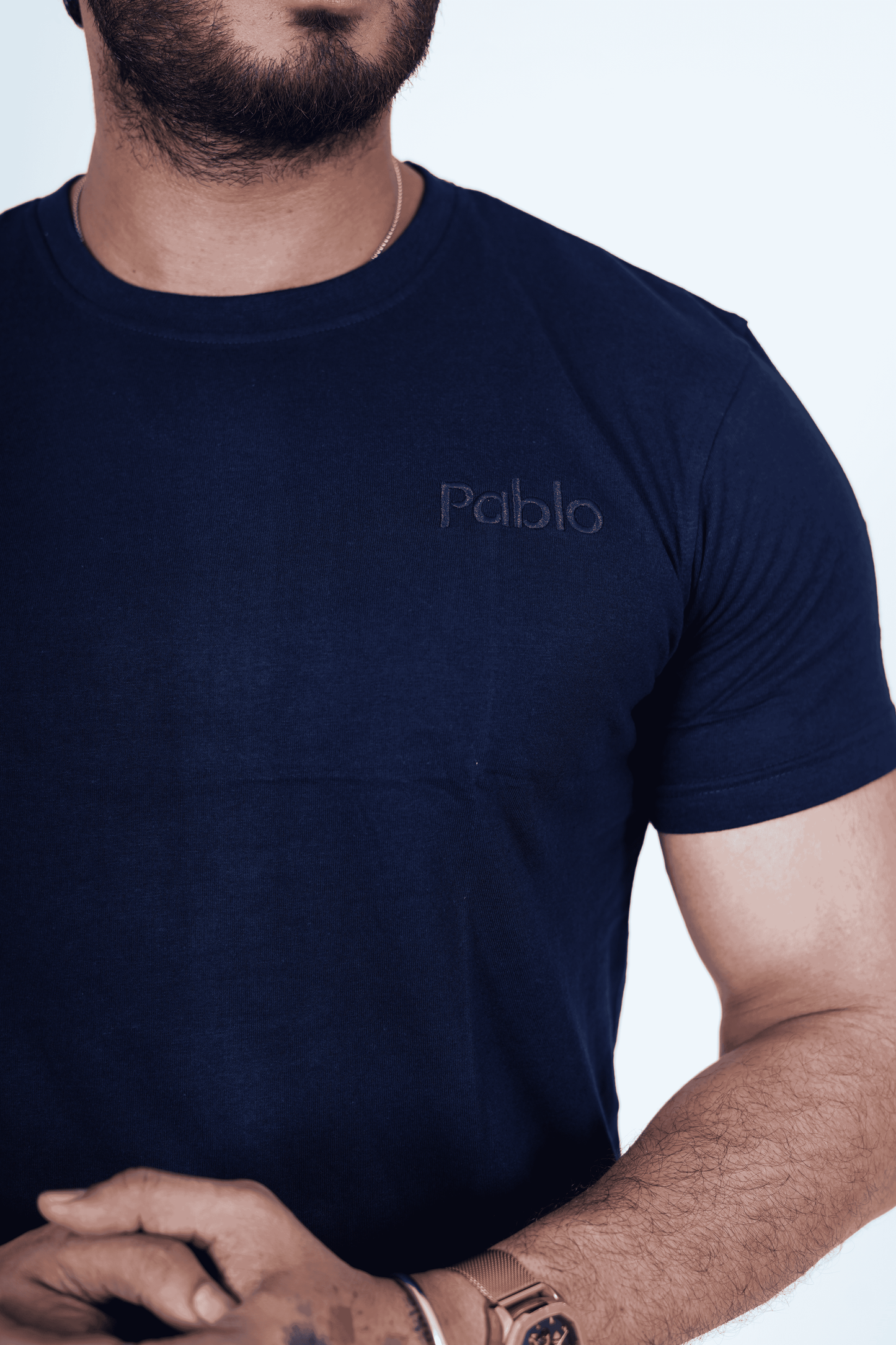 Navy Blue Round Neck T-Shirt with Pablo Embroidery
