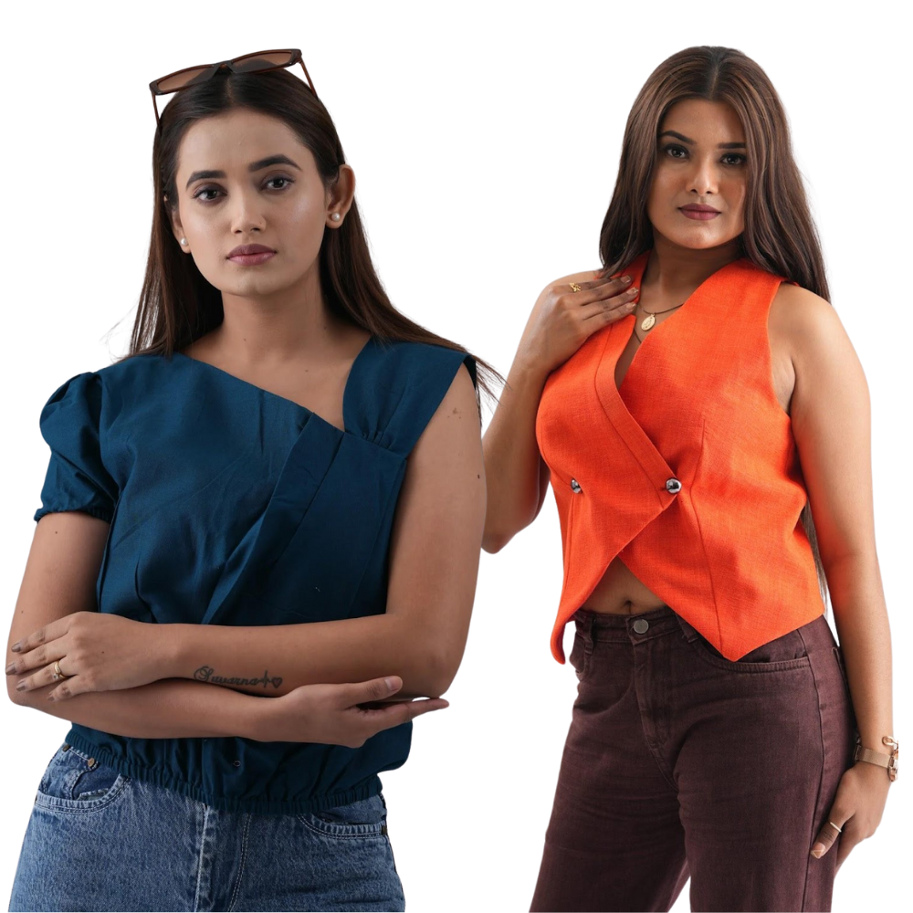 Marigold Overlay Waistcoat and Royal Blue One-Shoulder Top