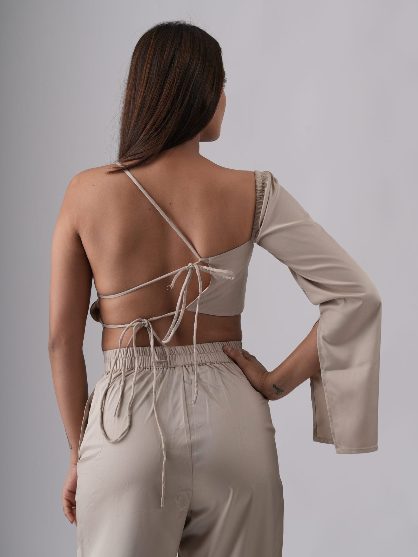 Light Golden Back Open One Off Shoulder Top Pant Co-Ord Set