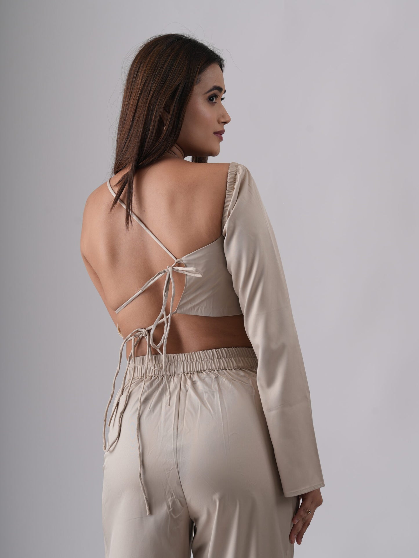 Light Golden Back Open One Off Shoulder Top Pant Co-Ord Set