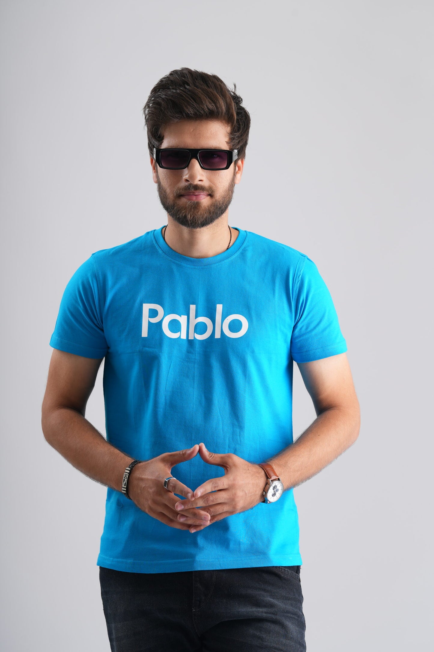 Blue Round Neck T-Shirt with White Print