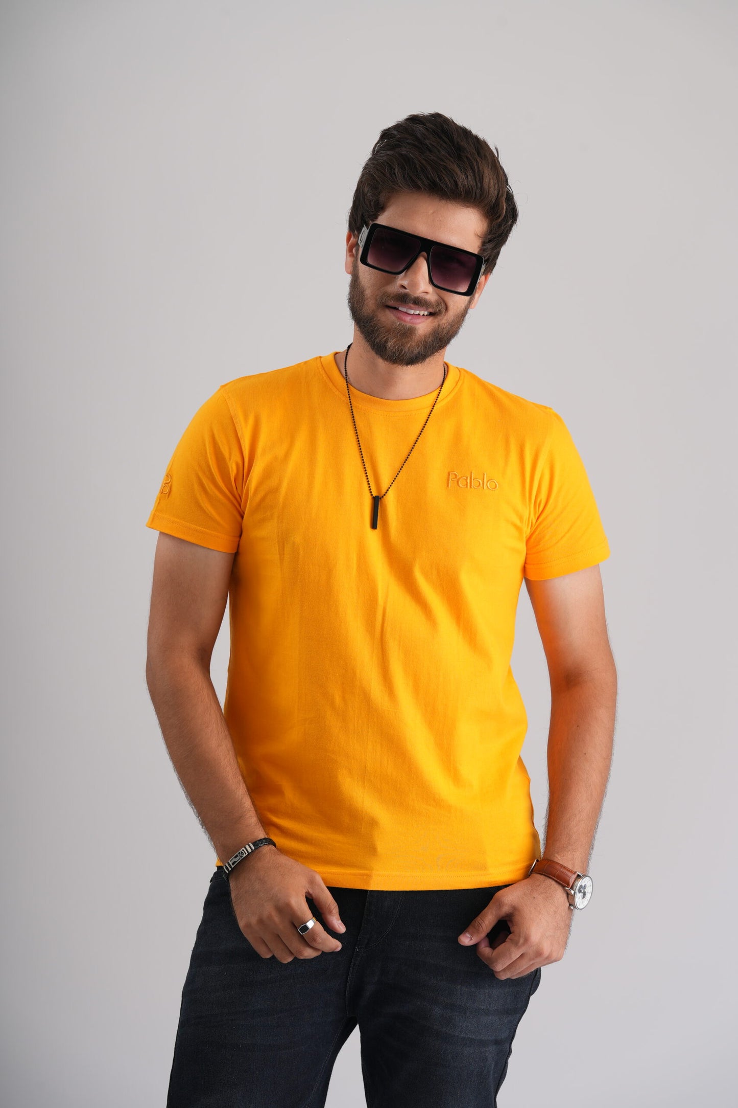 Yellow Round Neck T-Shirt with Pablo Embroidery