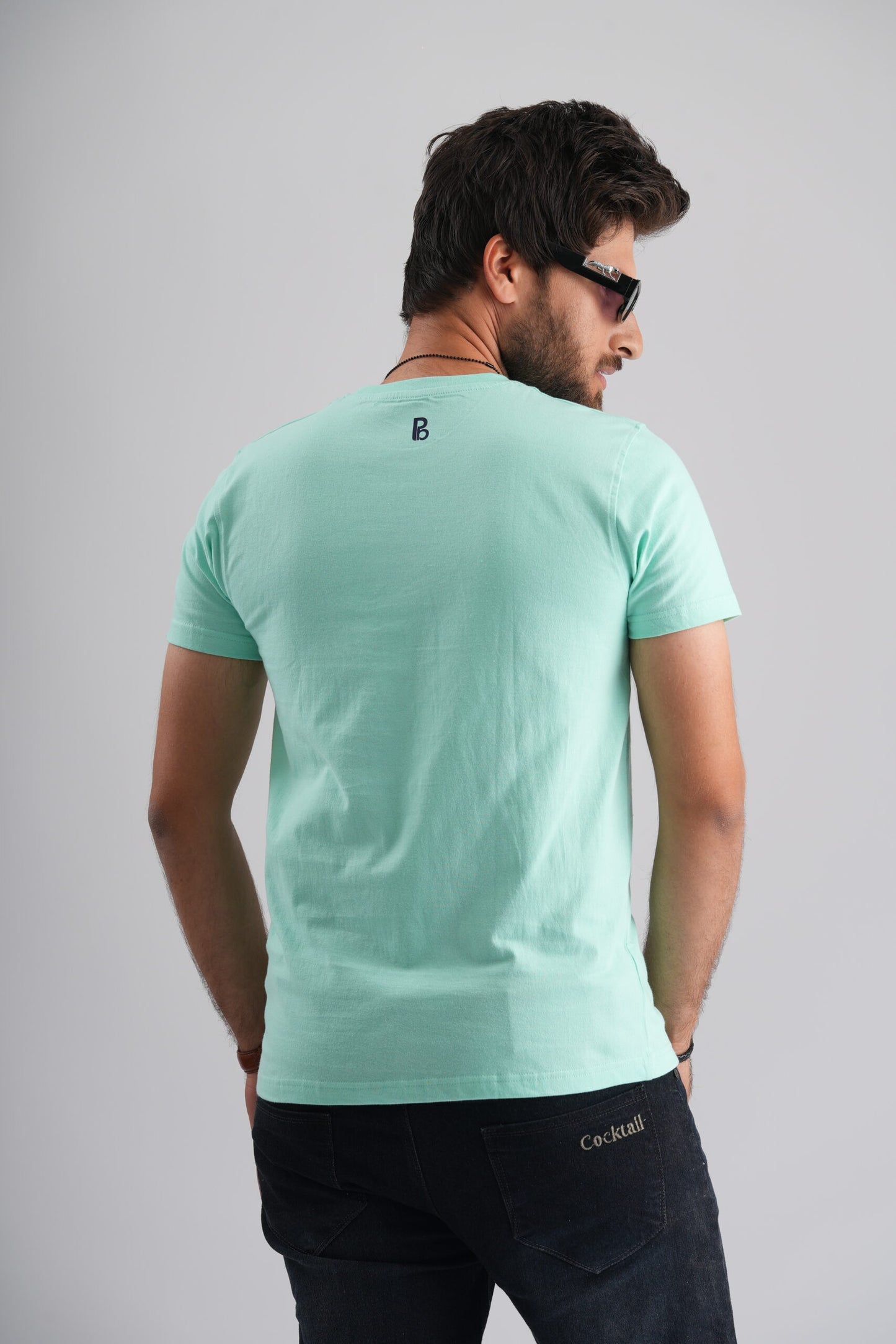 Sea Green Round Neck T-Shirt with Navy Blue Print