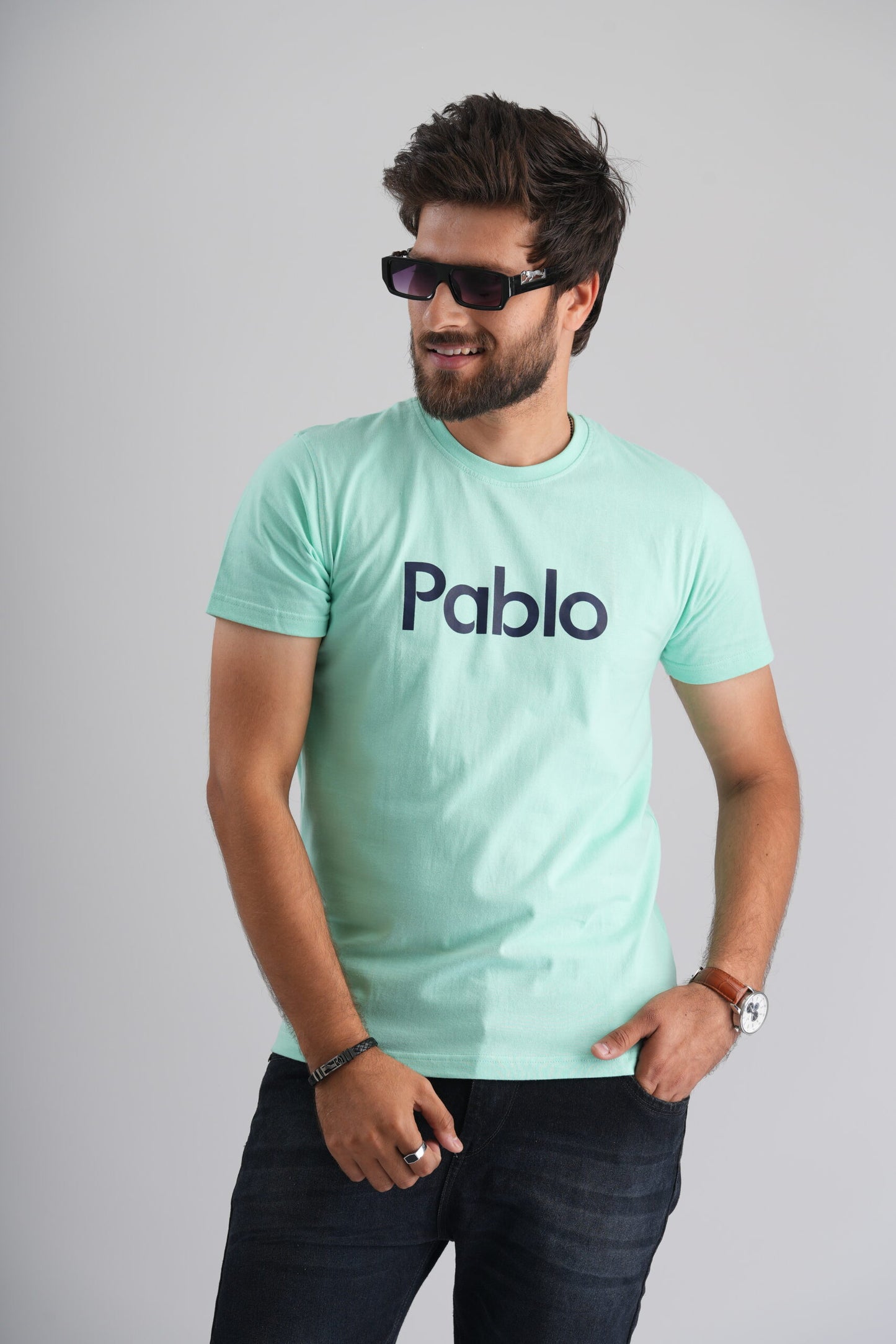 Sea Green Round Neck T-Shirt with Navy Blue Print