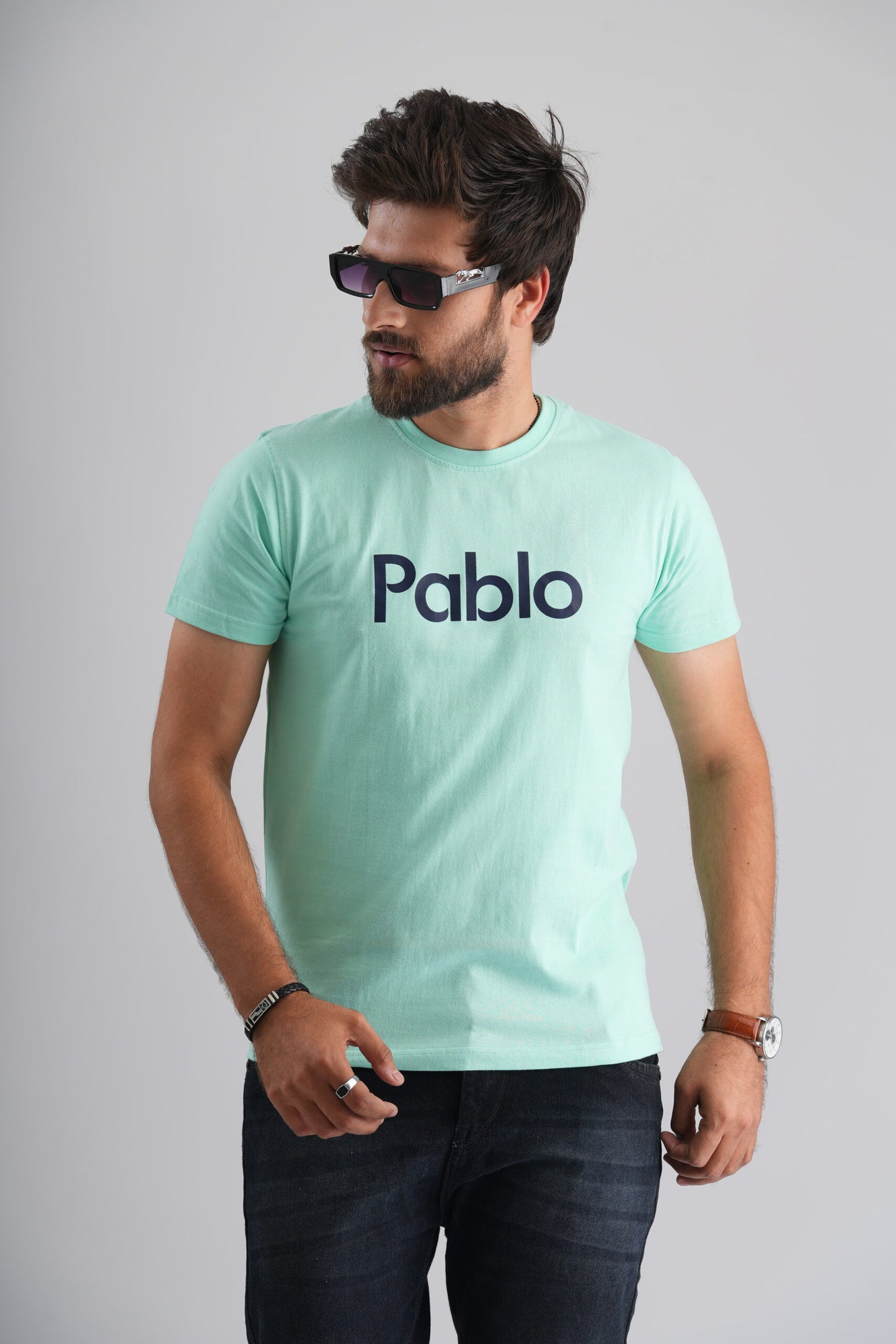 Sea Green Round Neck T-Shirt with Navy Blue Print