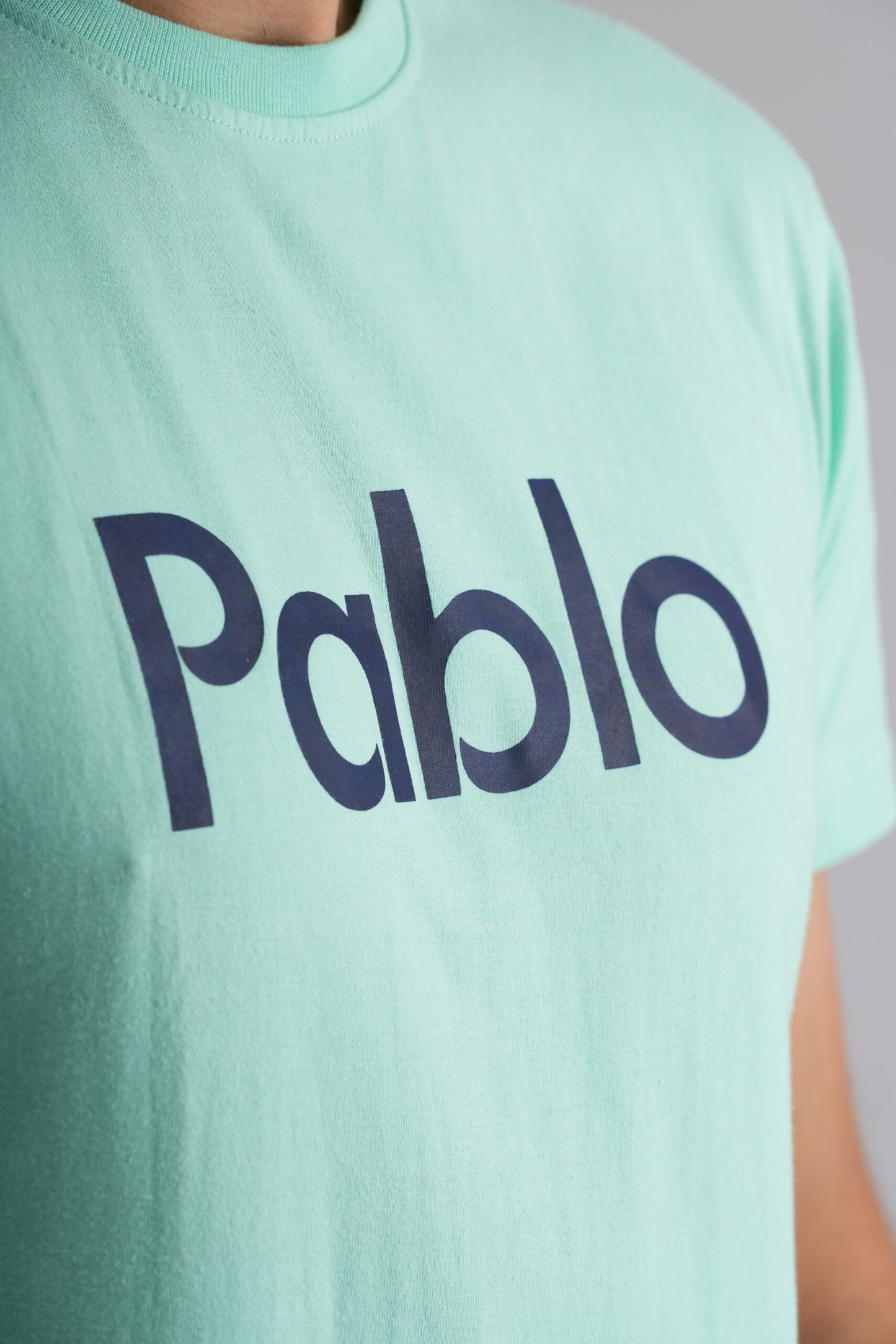 Sea Green Round Neck T-Shirt with Navy Blue Print