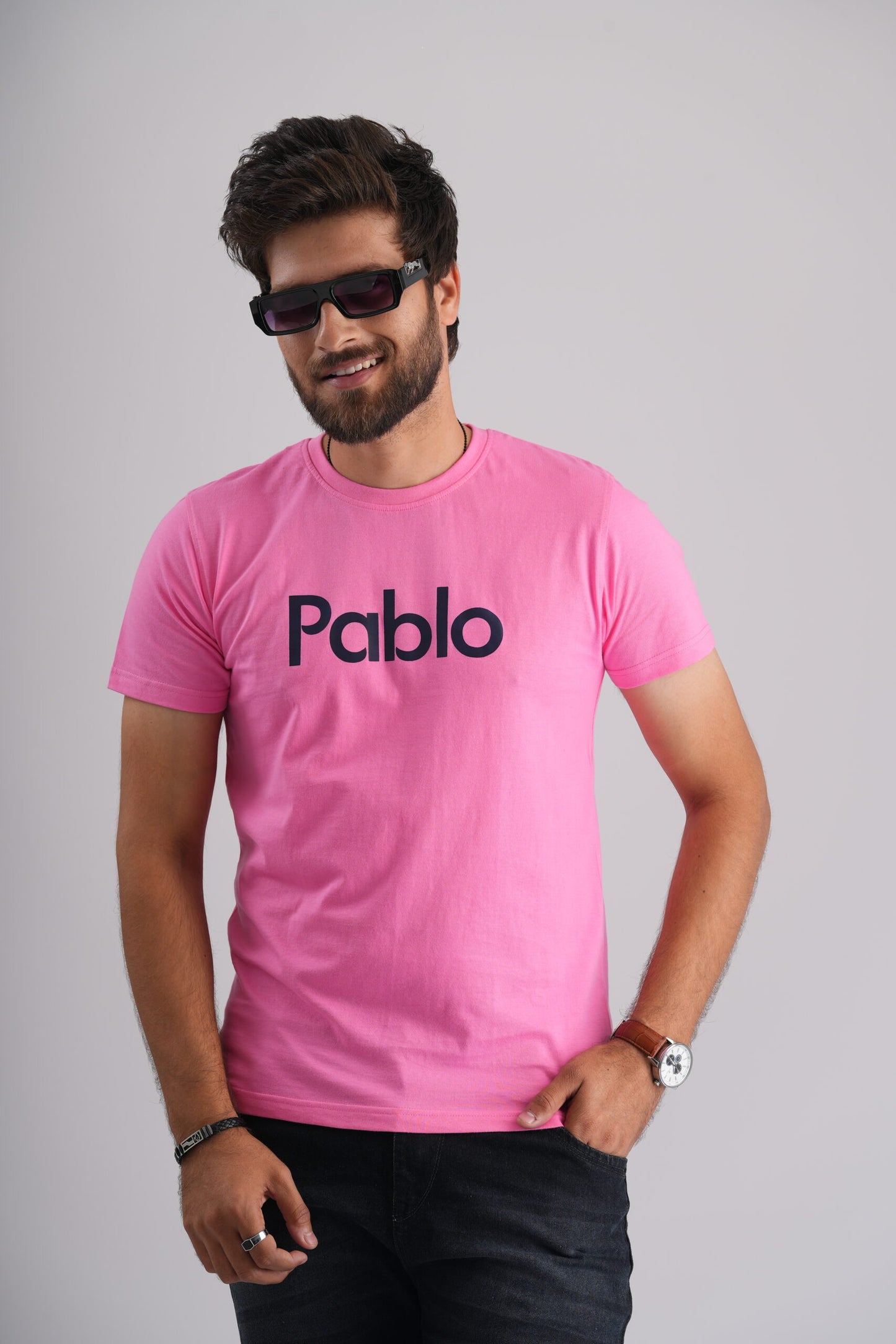 Pink Round Neck T-Shirt with Black Print