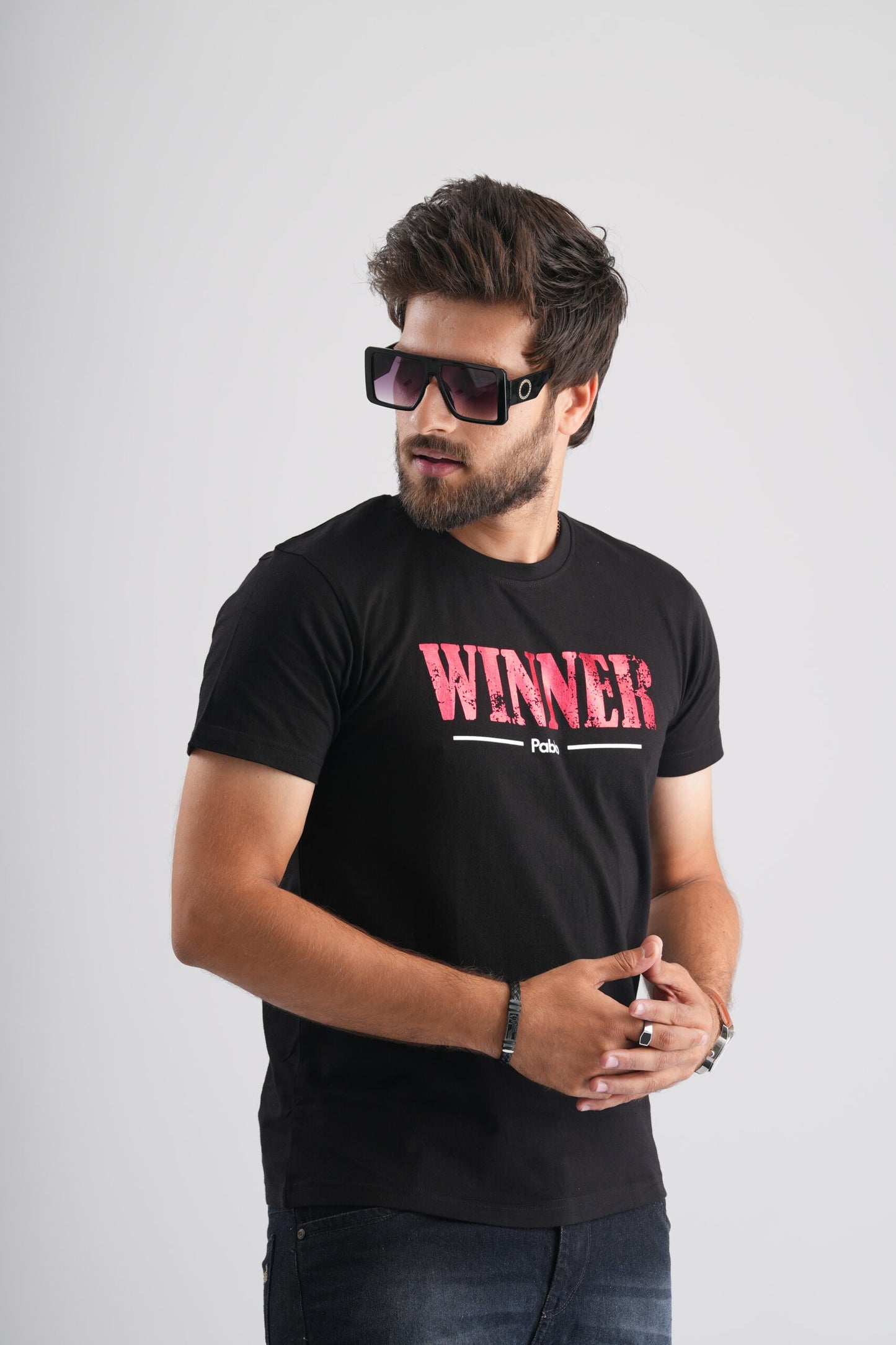 Winner Red Print Black Party-Wear T-Shirt