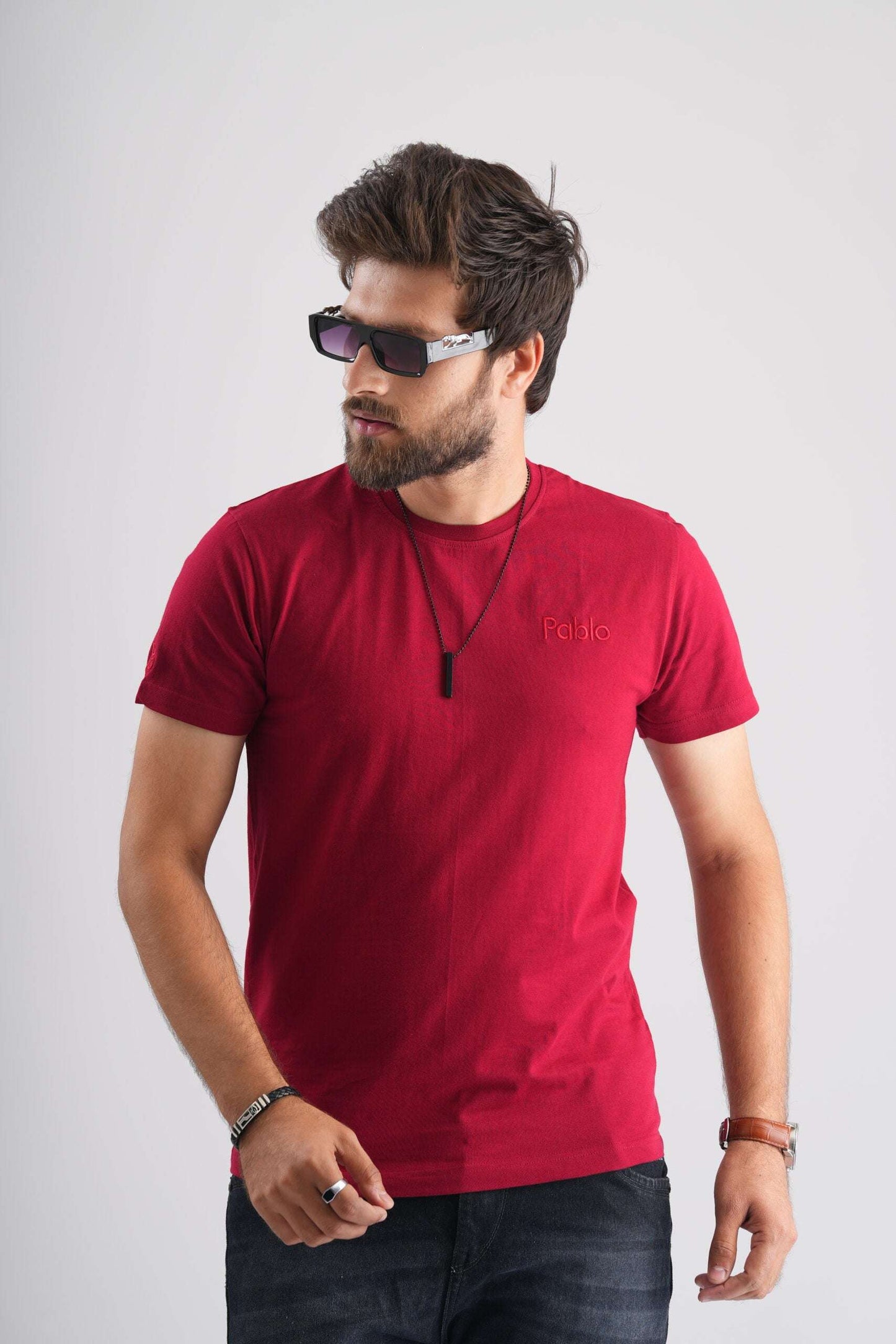 Maroon Round Neck T-Shirt with Pablo Embroidery