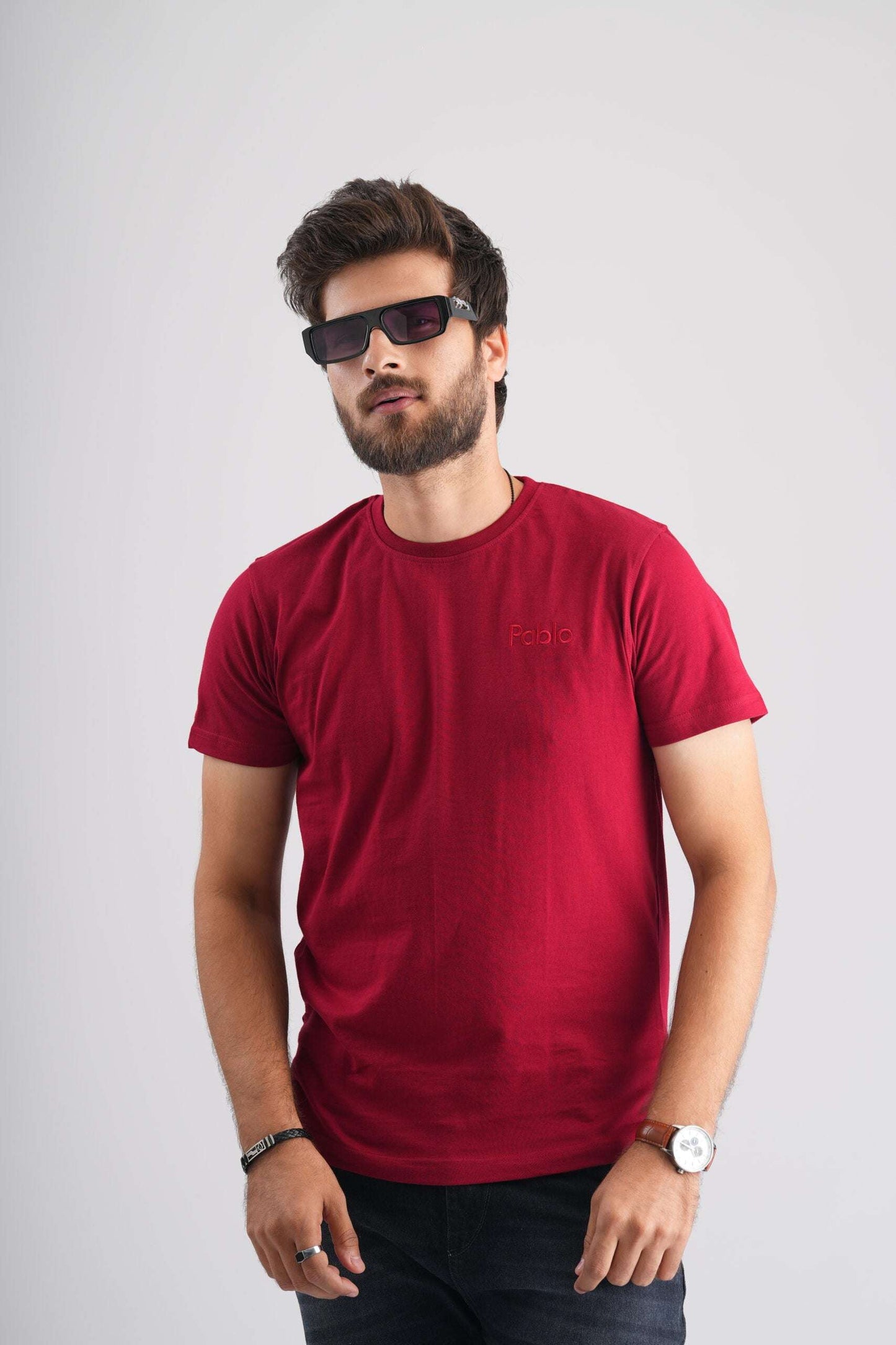 Maroon Round Neck T-Shirt with Pablo Embroidery
