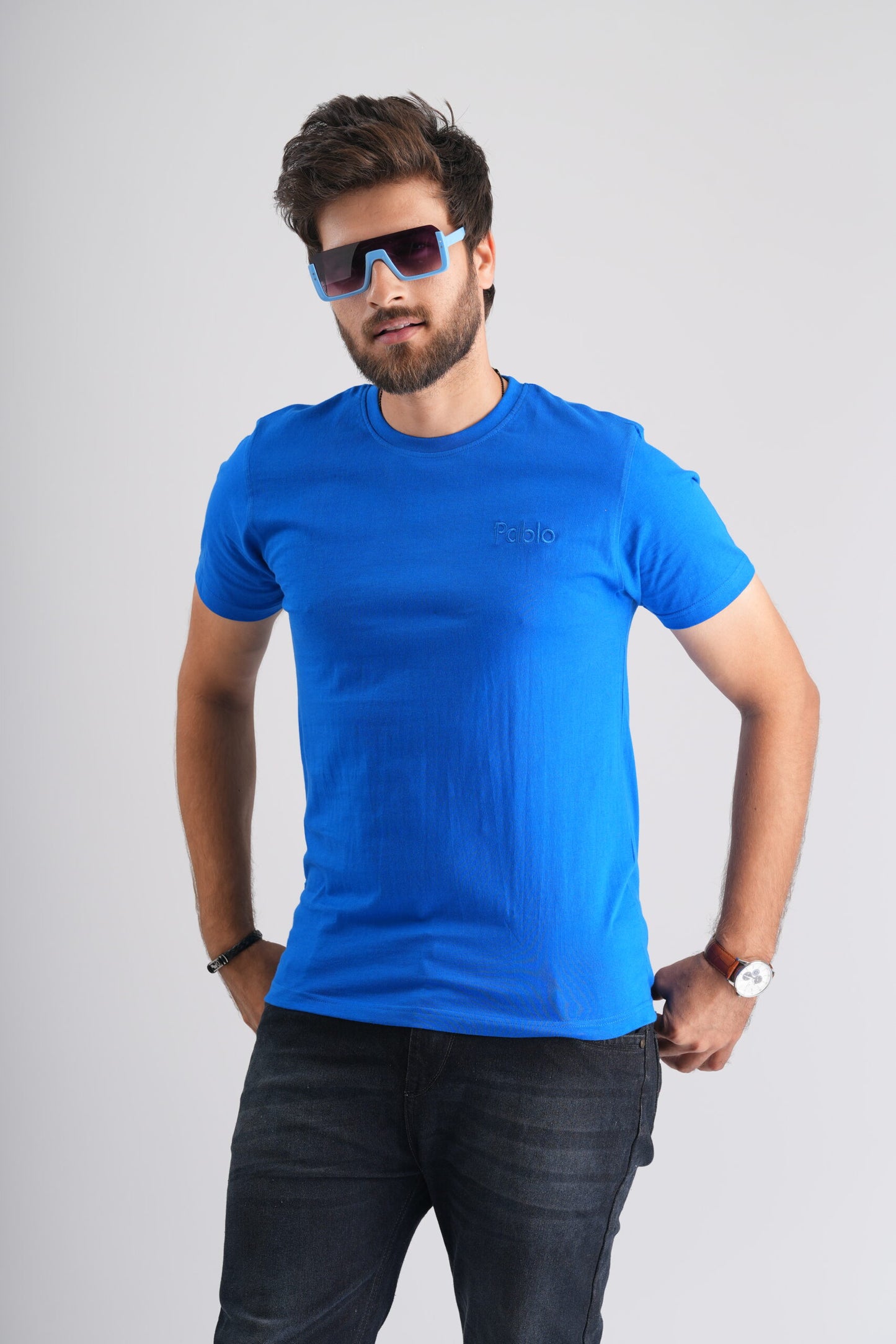 Blue Round Neck T-Shirt with Pablo Embroidery