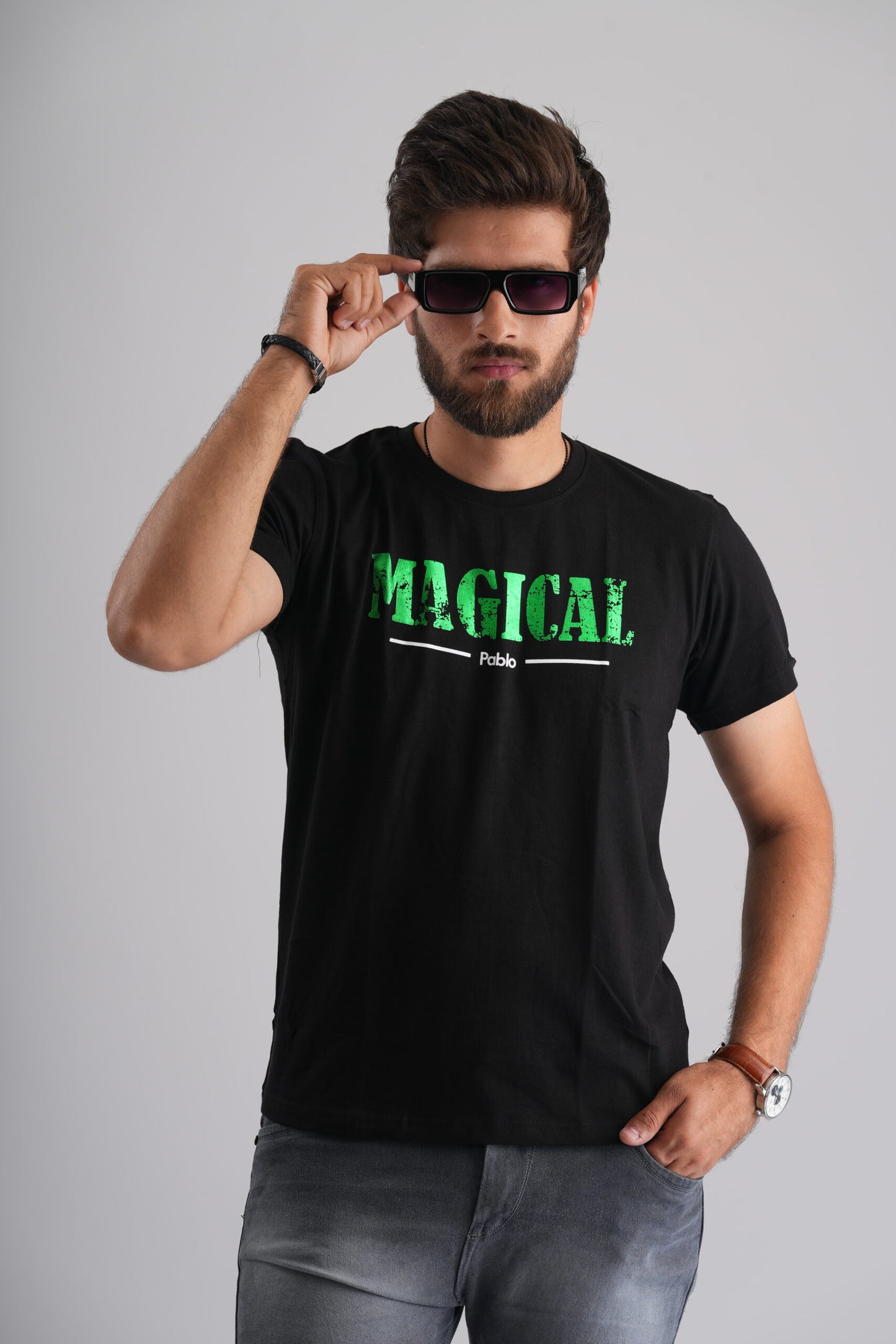 Magical Green Print Black Party-Wear T-Shirt