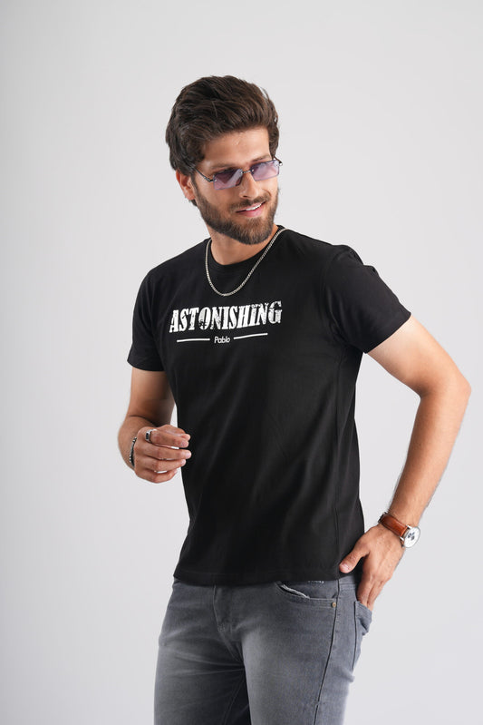 Astonishing Silver Print Black Party-Wear T-Shirt