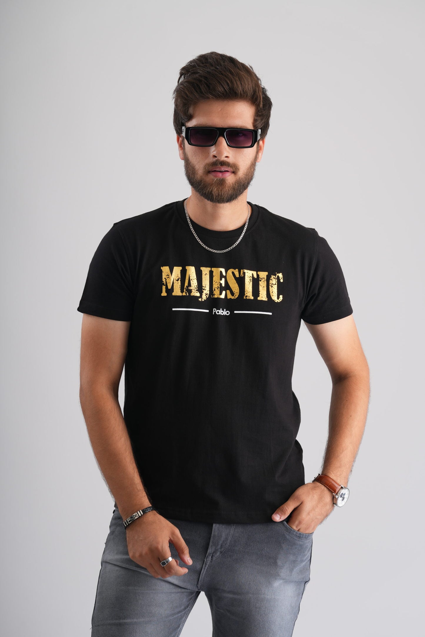 Majestic Golden Print Black Party-Wear T-Shirt
