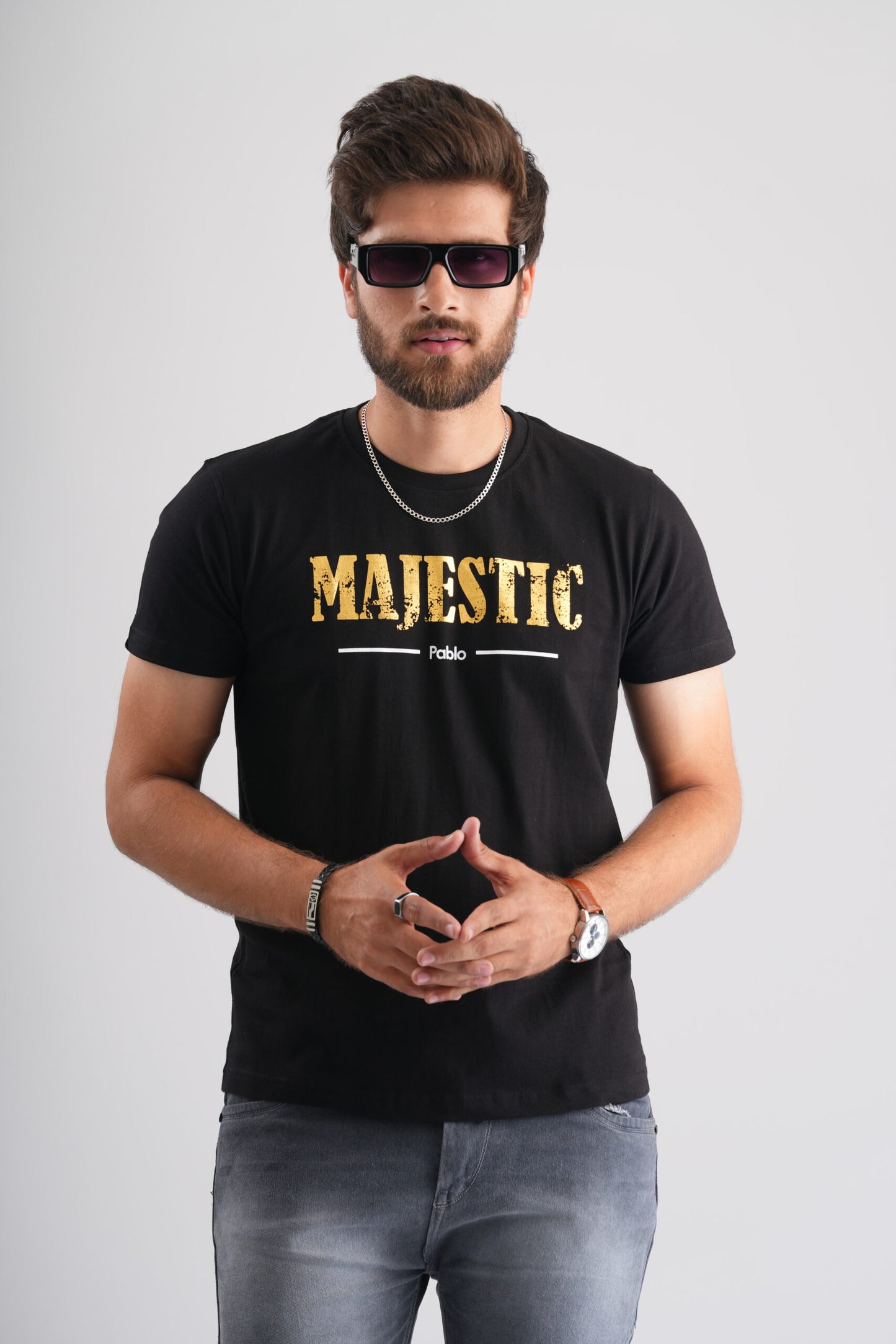 Majestic Golden Print Black Party-Wear T-Shirt