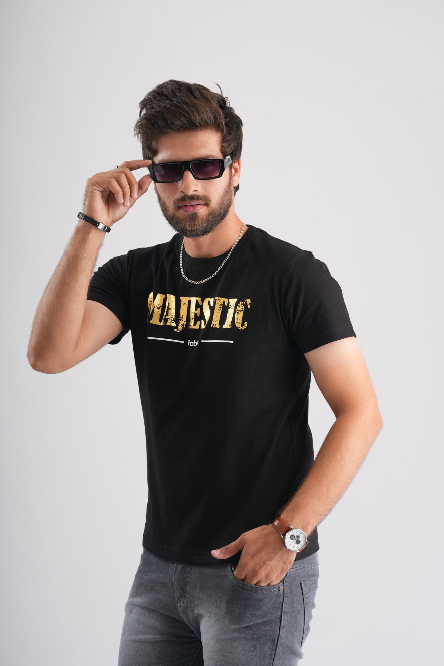 Majestic Golden Print Black Party-Wear T-Shirt