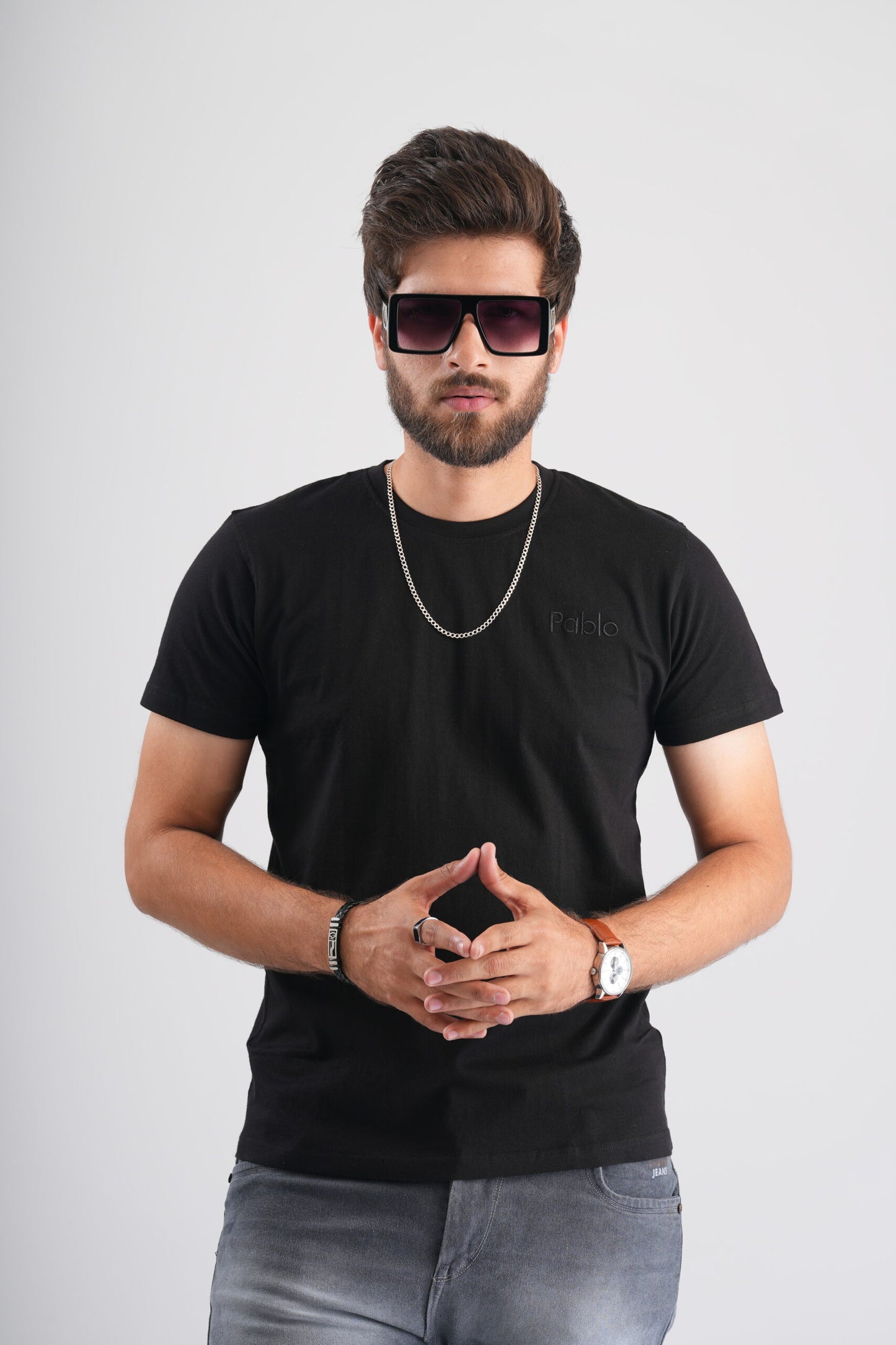 Black Round Neck T-Shirt with Pablo Embroidery