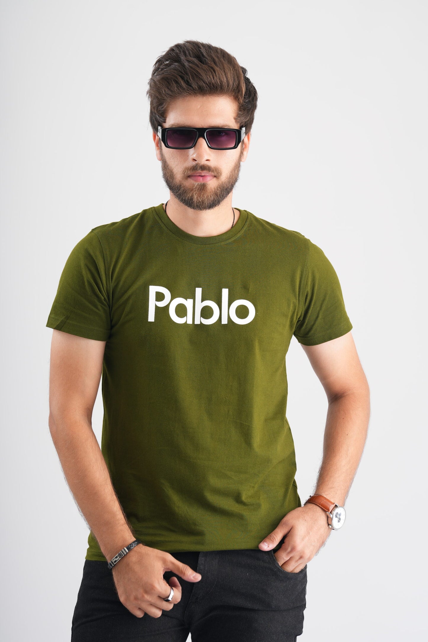 Military Green Round Neck T-Shirt with White Print