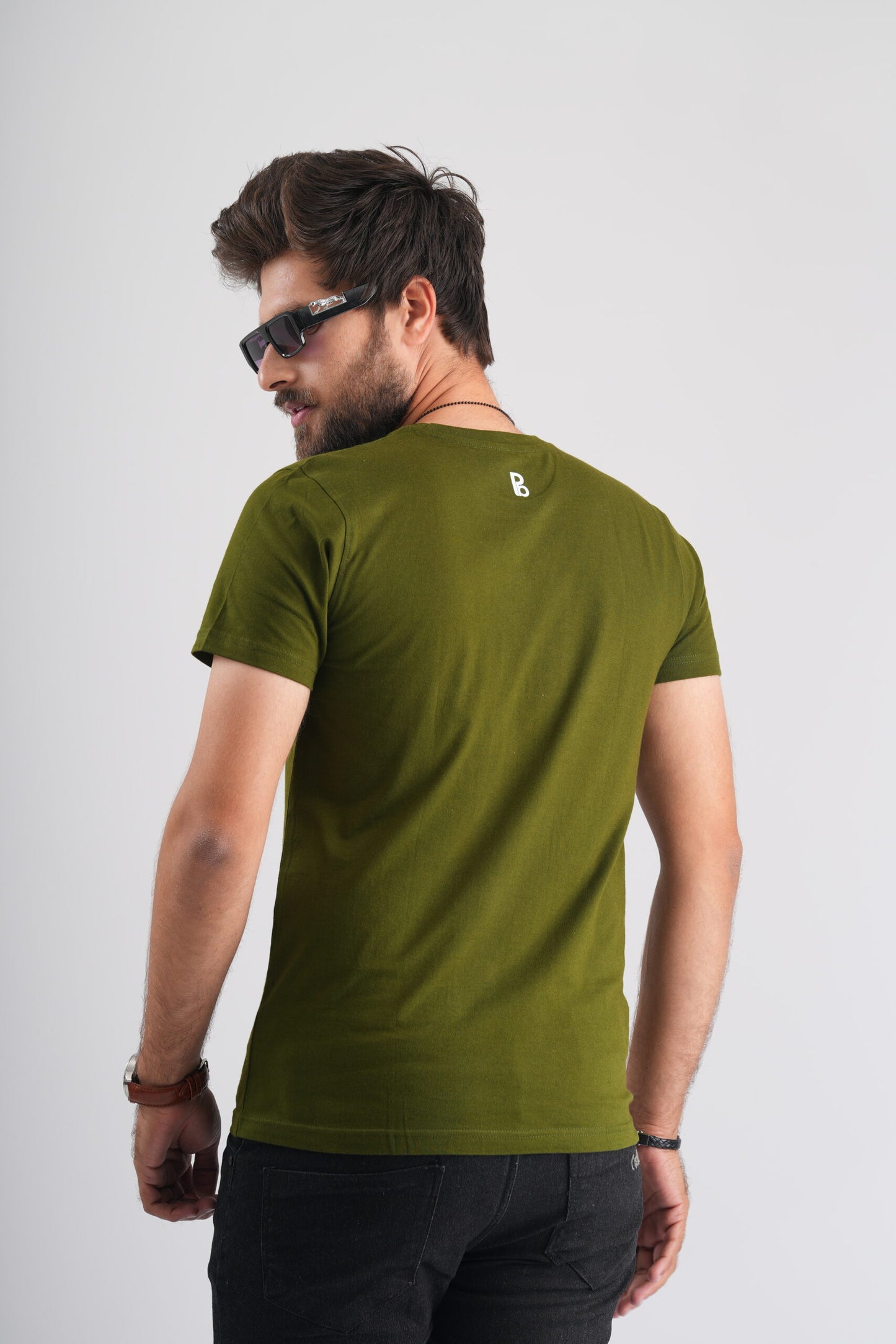 Military Green Round Neck T-Shirt with White Print