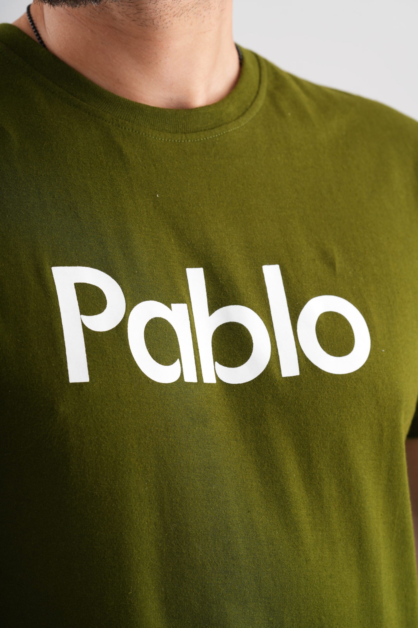 Military Green Round Neck T-Shirt with White Print