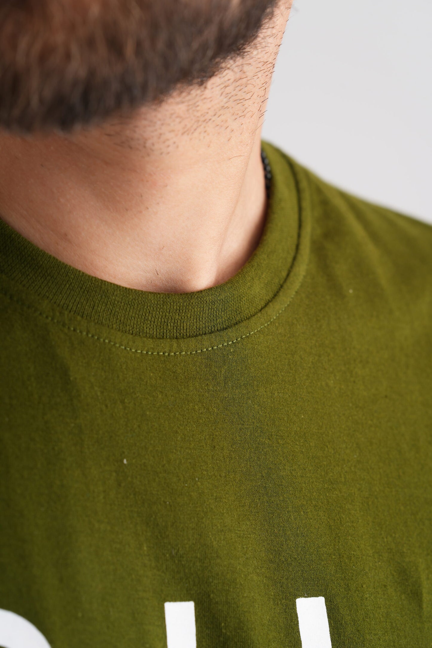 Military Green Round Neck T-Shirt with White Print