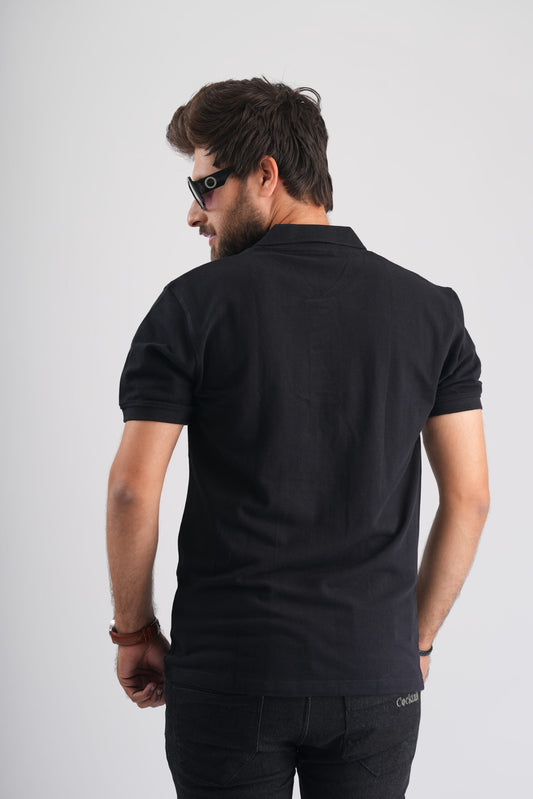 Black Polo T Shirt with Cocktail Embroidery