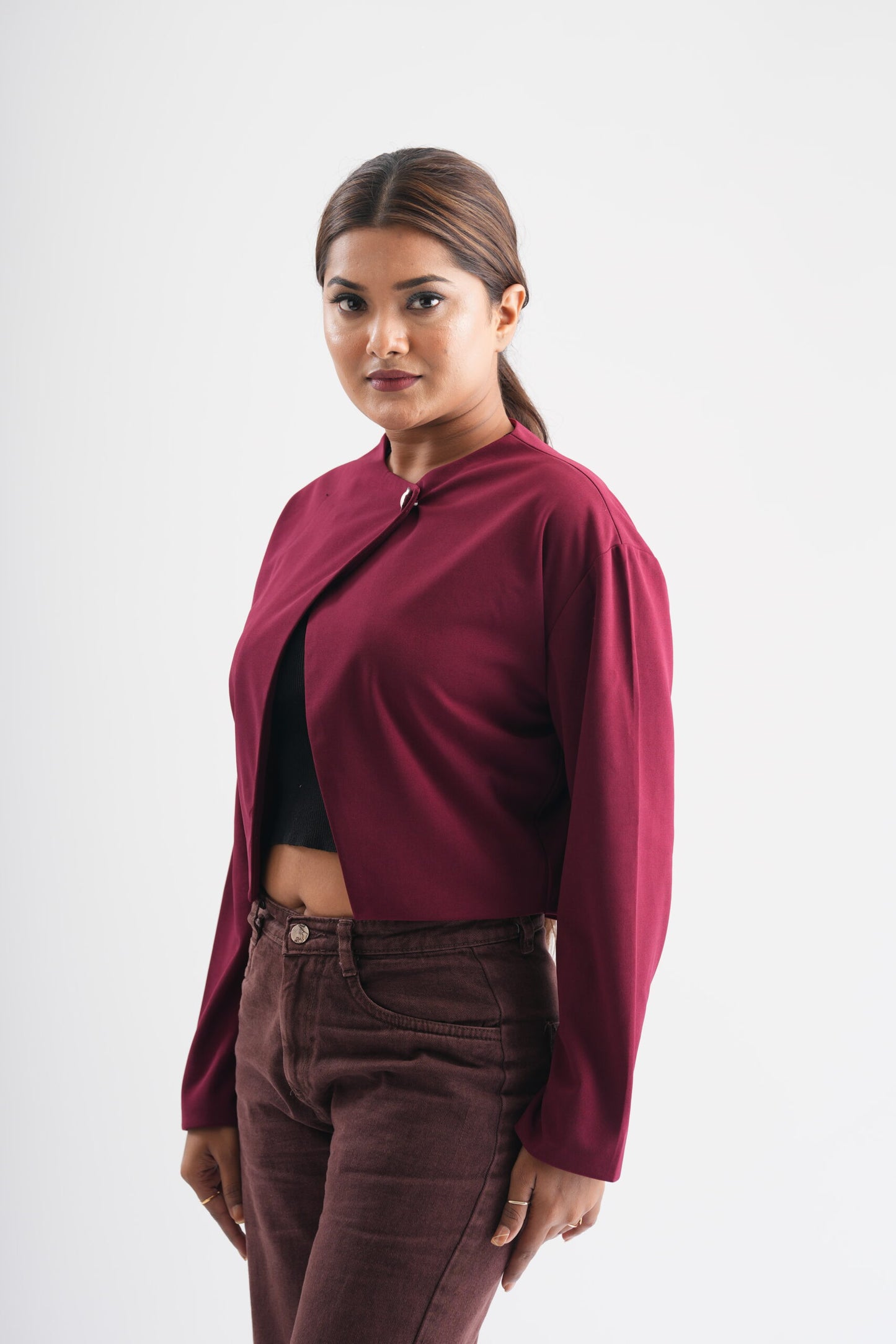 Crimson Solid Button Crop Shrug Overlay Jacket