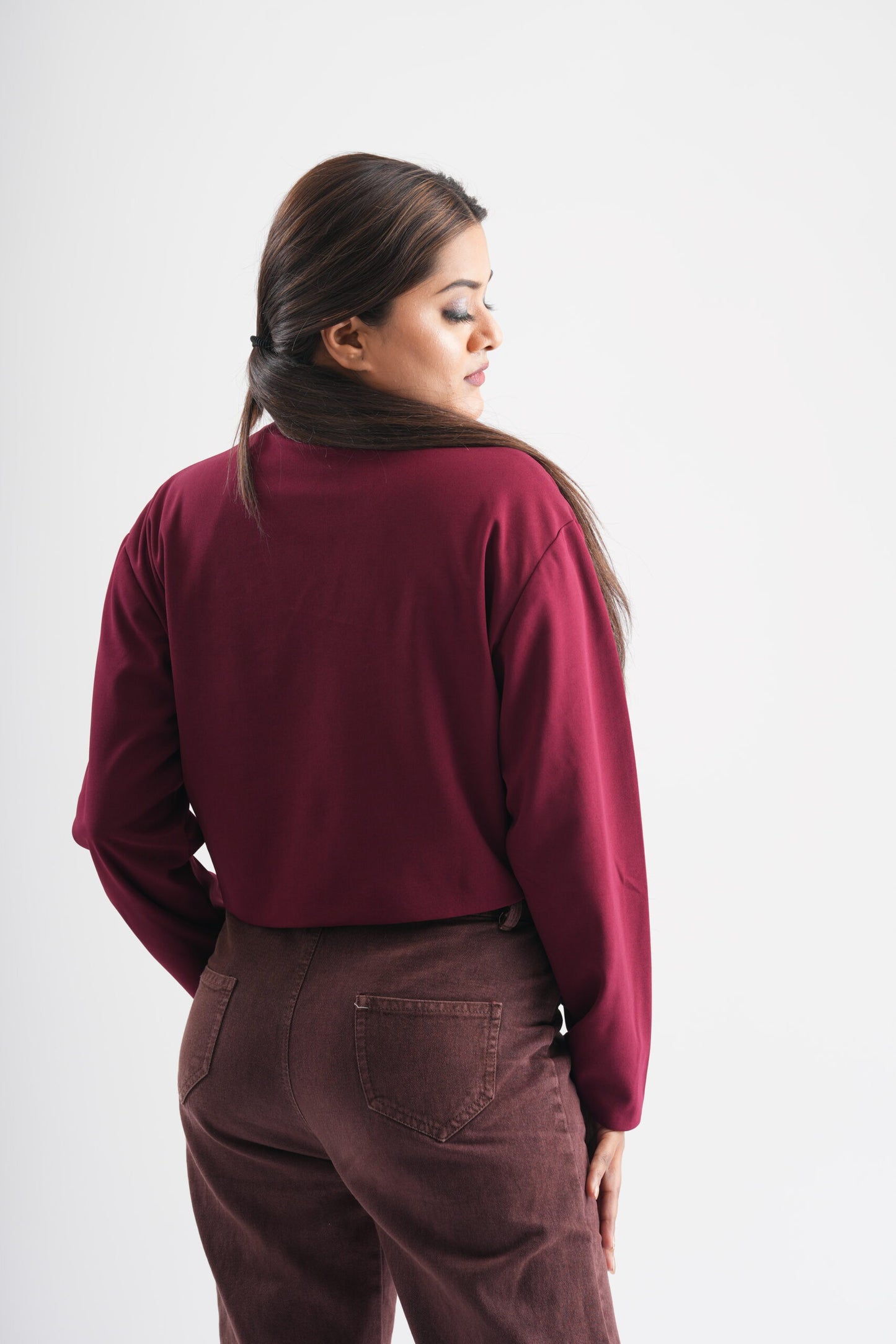 Crimson Solid Button Crop Shrug Overlay Jacket