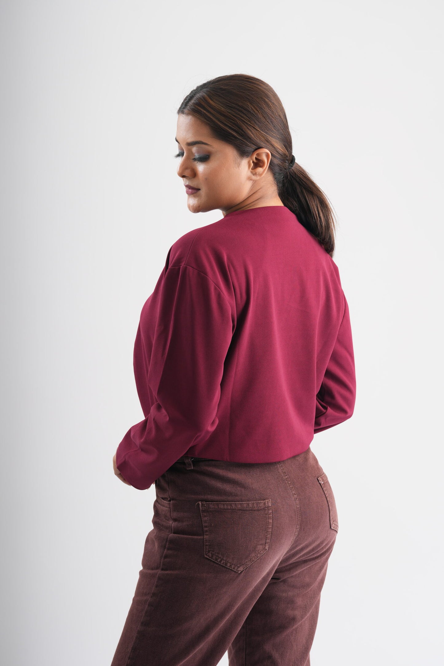 Crimson Solid Button Crop Shrug Overlay Jacket