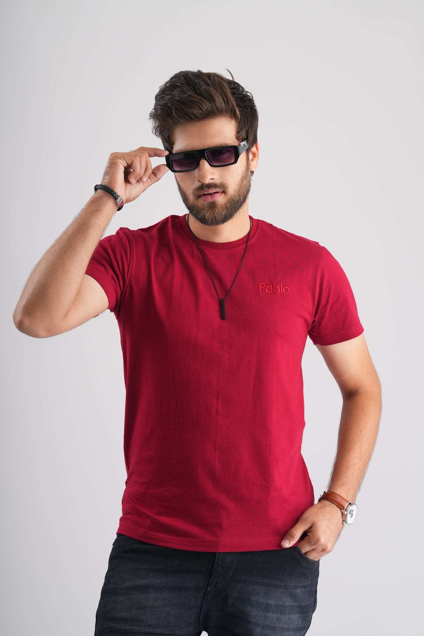 Maroon Round Neck T-Shirt with Pablo Embroidery