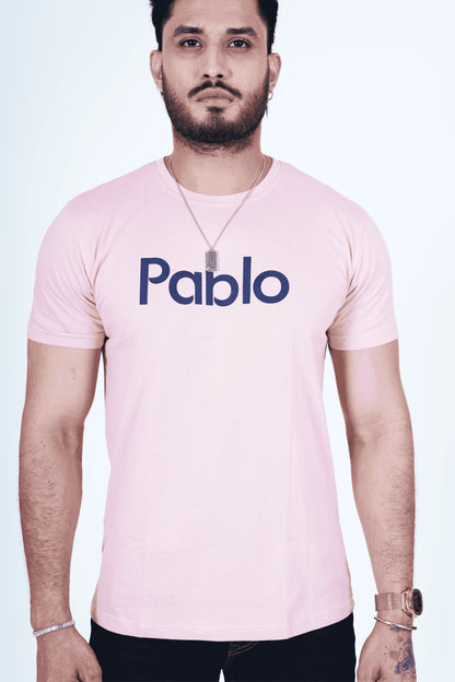 Baby Pink Round Neck T-Shirt with Navy Blue Print