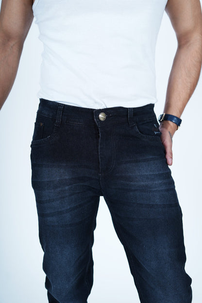 BLACK SHADED STRETCHABLE DISTRESSED SLIM FIT JEANS