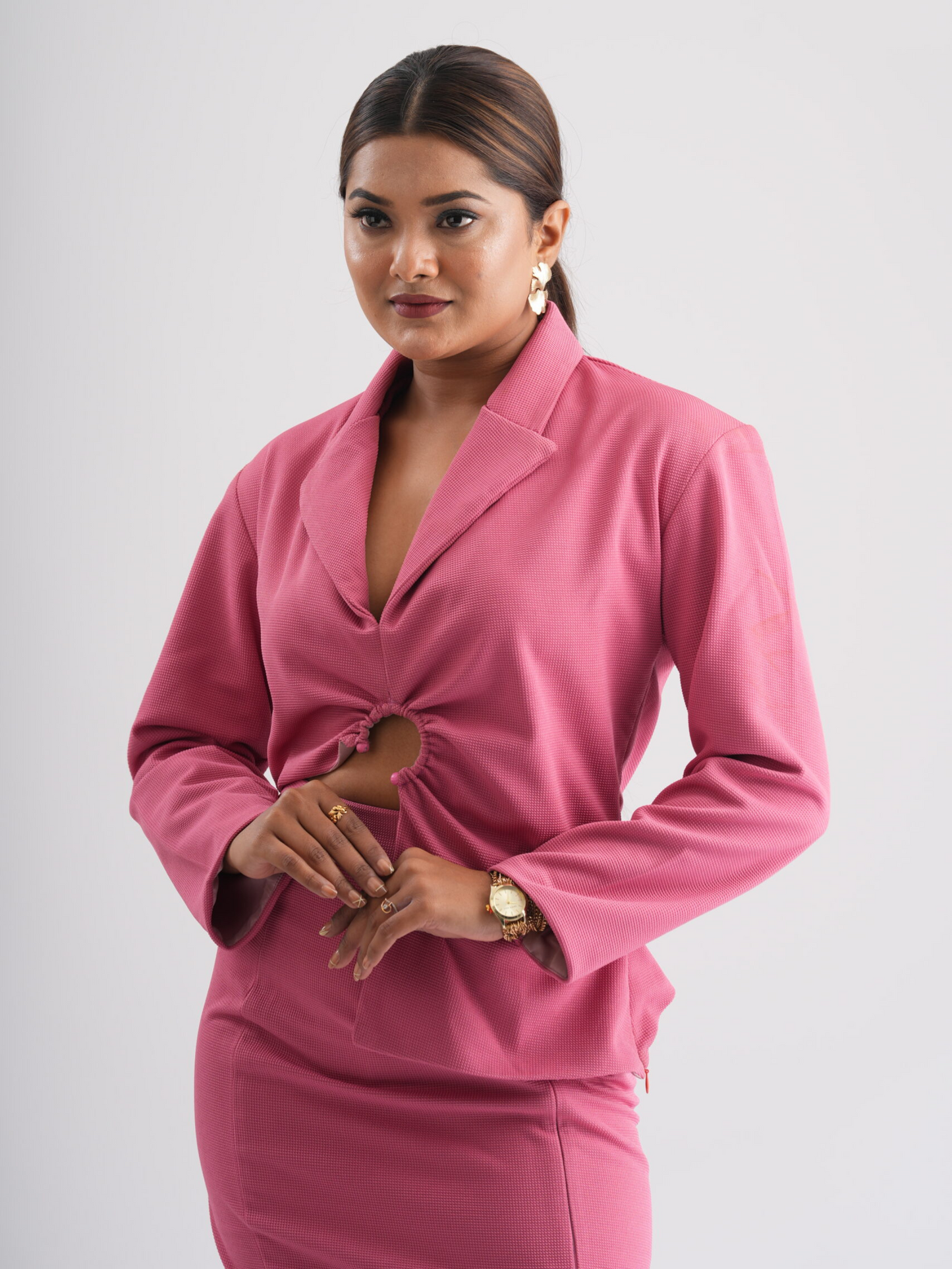 Salmon Pink Asymmetrical Coat Bodycon Shape Skirt Co-Ord Set