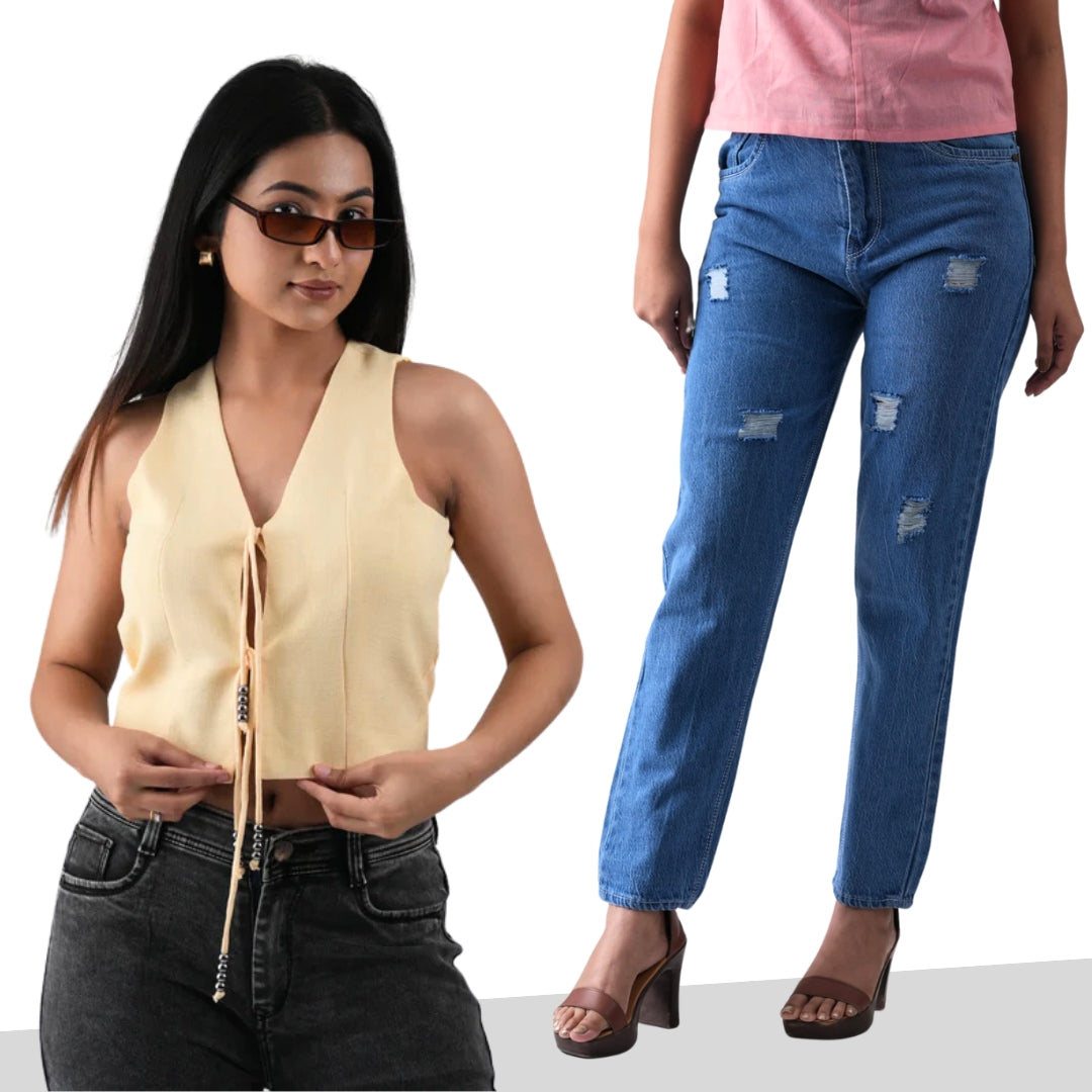 Women Front Open String Waistcoat with Dark Blue Relax Fit Women's Jeans