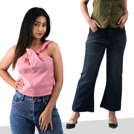 Flex Pink CrossBelt Halter Neck Top with Boot Fit Dark Blue Womens Jeans