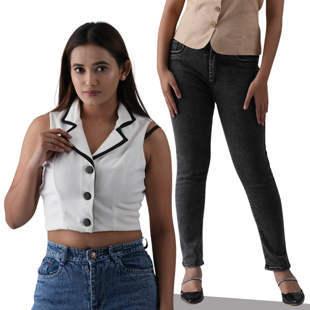 White Crop Coat with Skinny Black Women’s Jeans