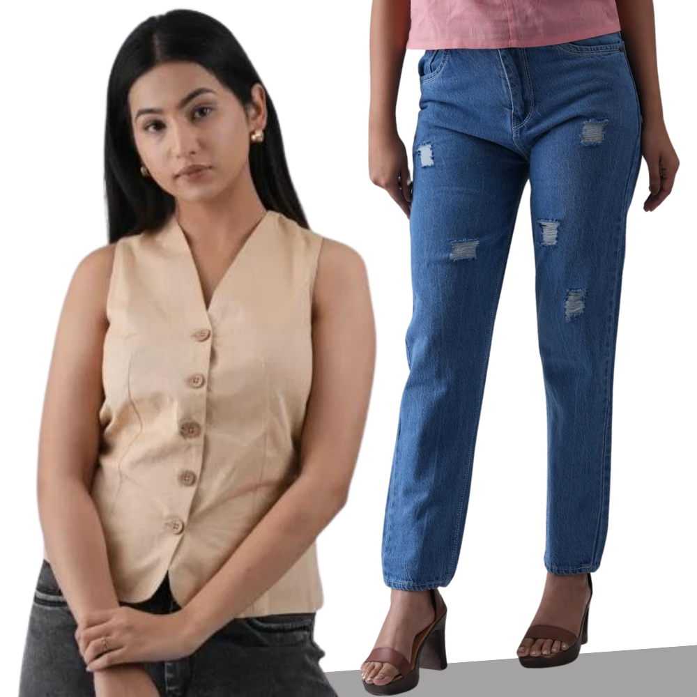 Ivory Sleeveless Waistcoat with Dark Blue Relax Fit Women’s Jeans